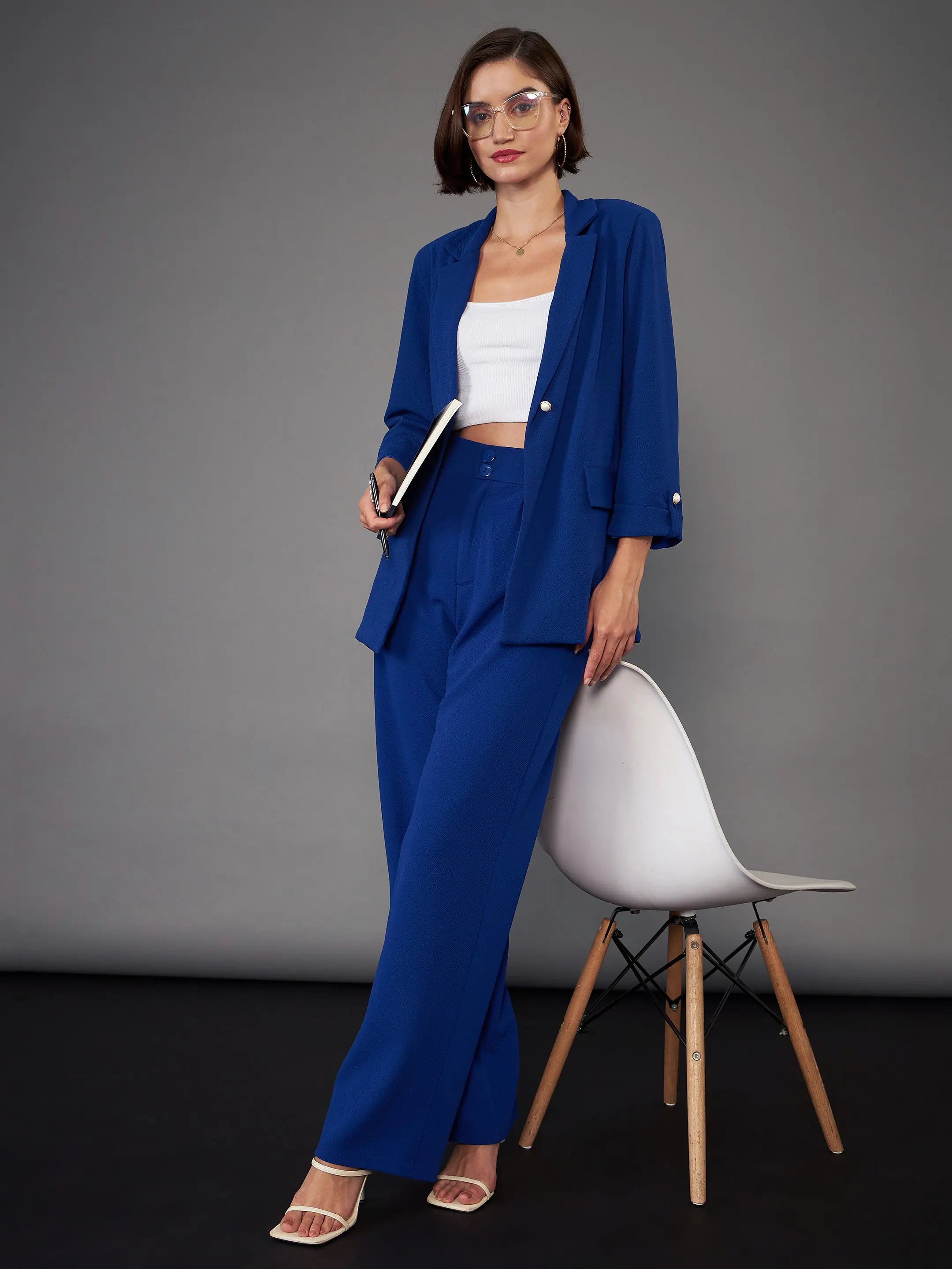 Royal Blue Blazer & Pleated Pants Set | Women's Two-Piece