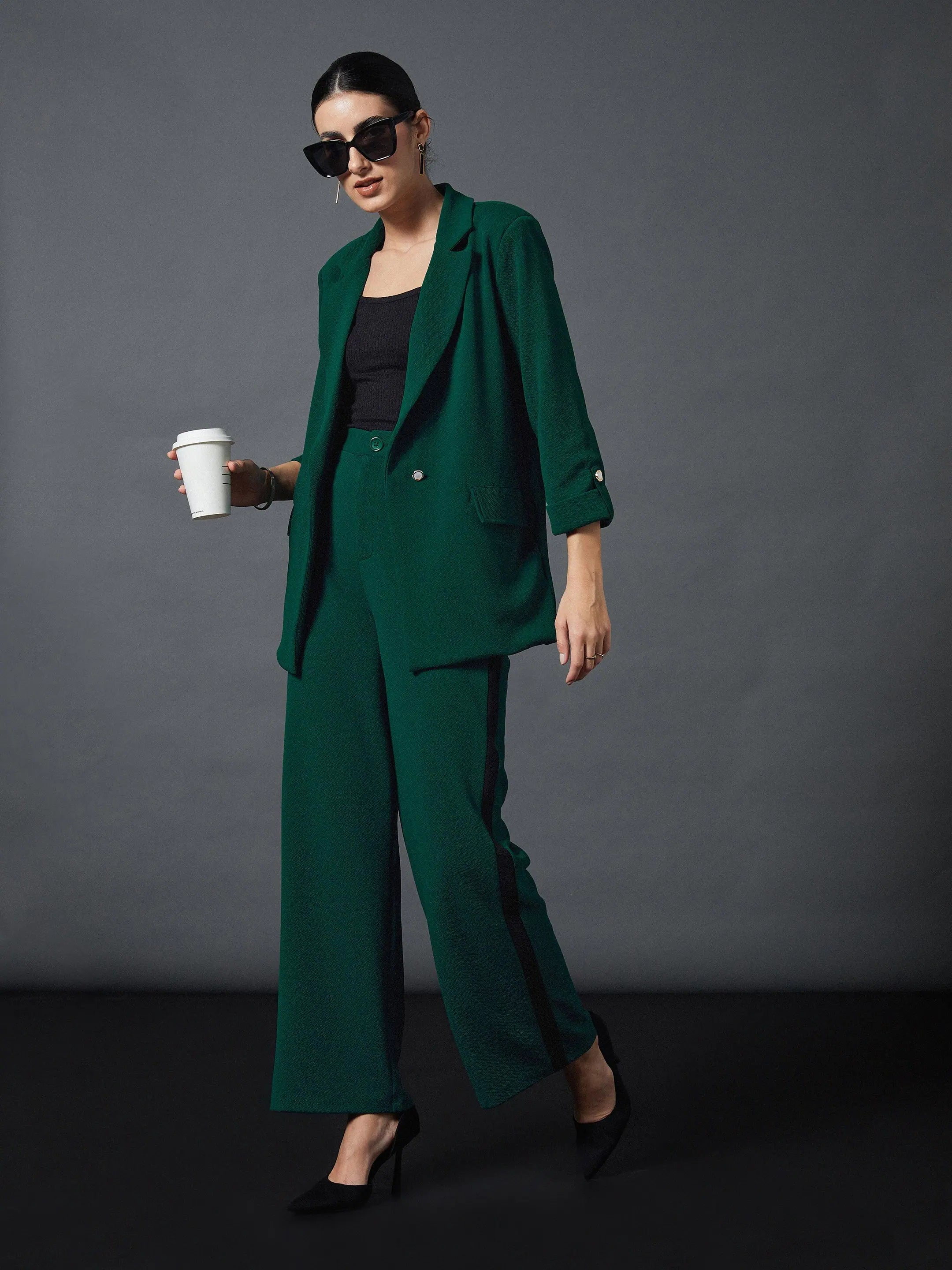Emerald Blazer & Straight Pants Set | Women's Two-Piece Outfit