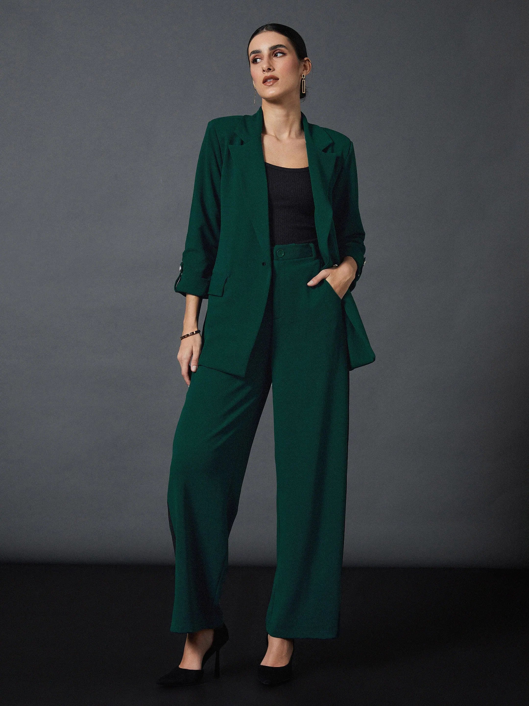 Emerald Blazer & Straight Pants Set | Women's Two-Piece Outfit