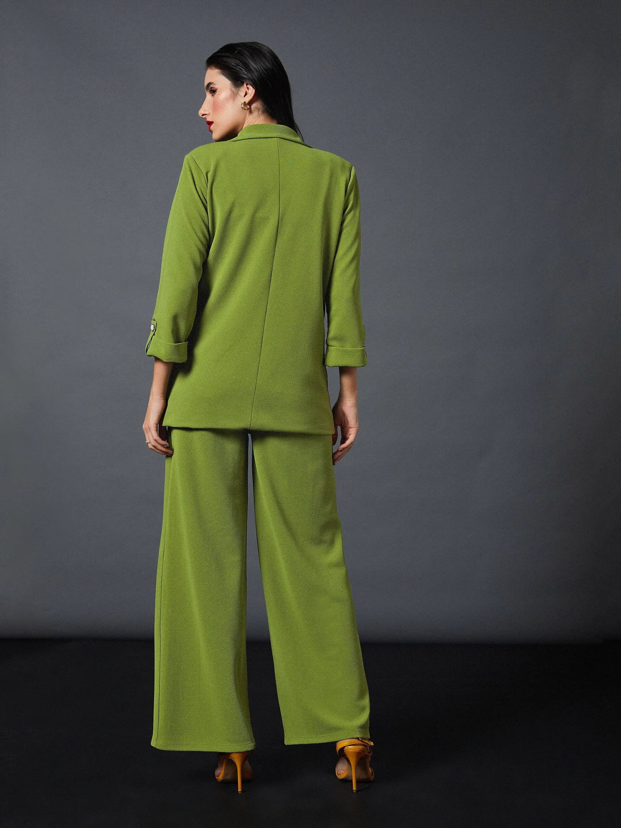 Olive Blazer & Palazzo Pants Set | Women's Two-Piece Outfit
