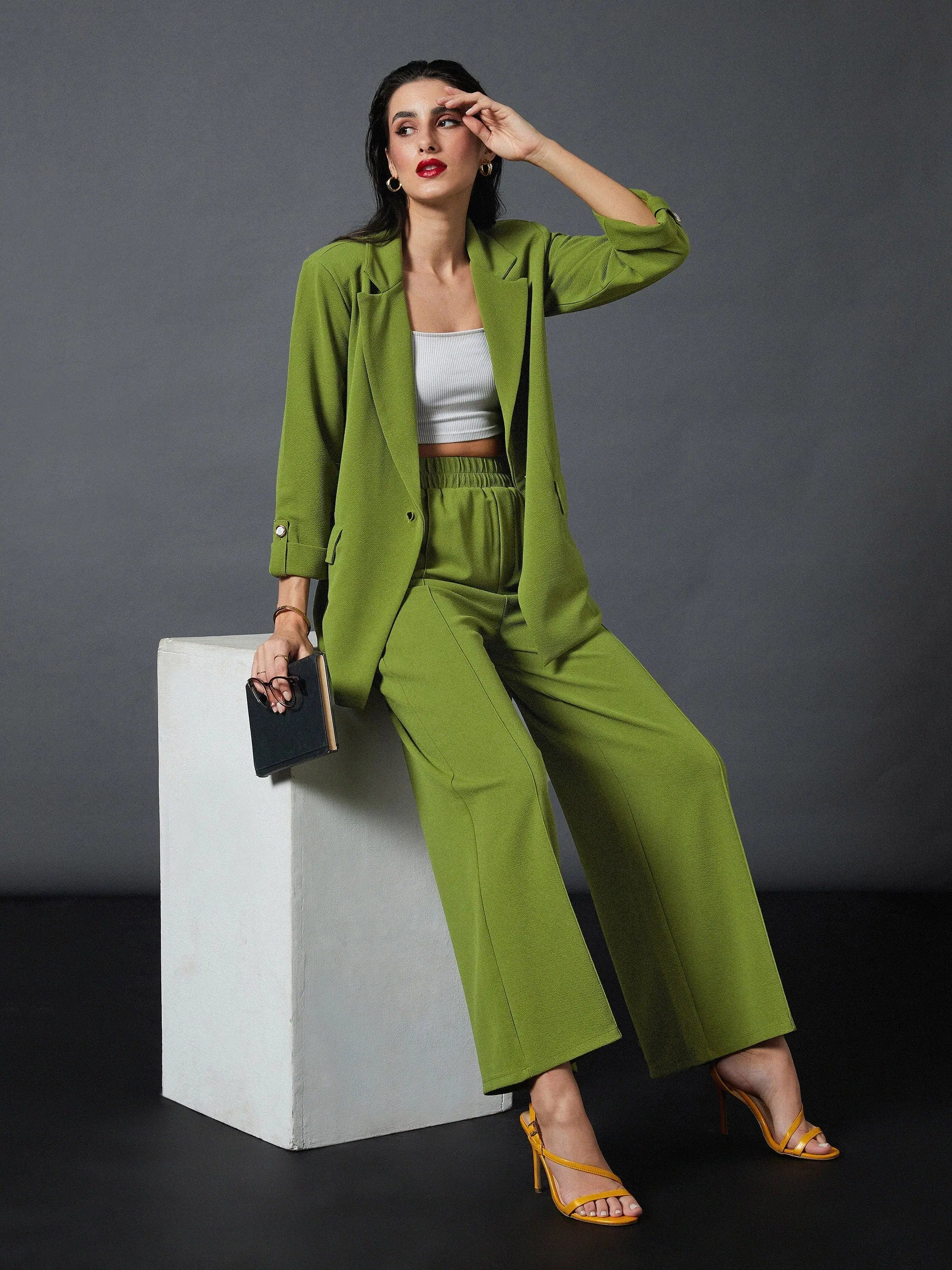 Olive Blazer & Palazzo Pants Set | Women's Two-Piece Outfit