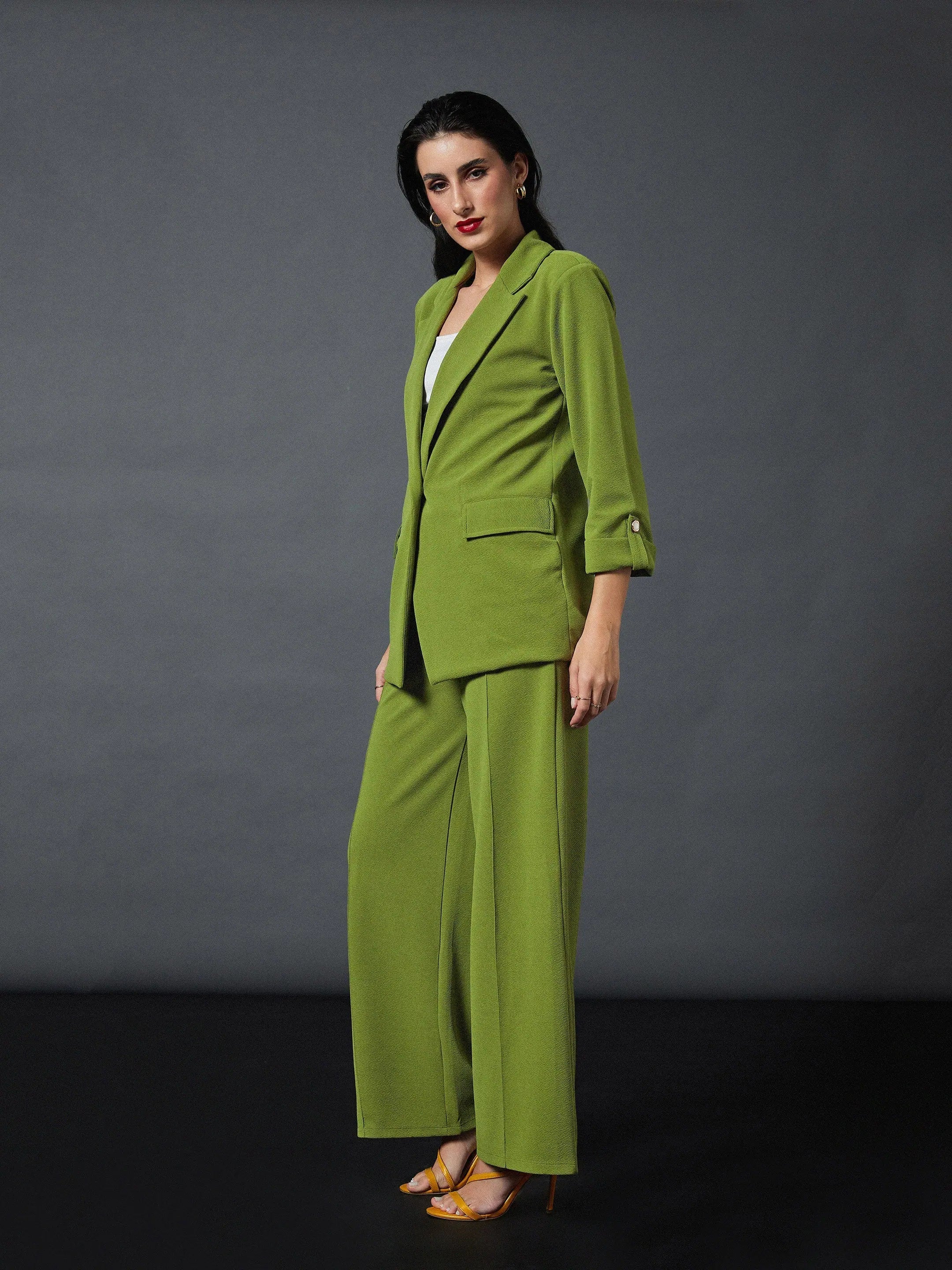 Olive Blazer & Palazzo Pants Set | Women's Two-Piece Outfit