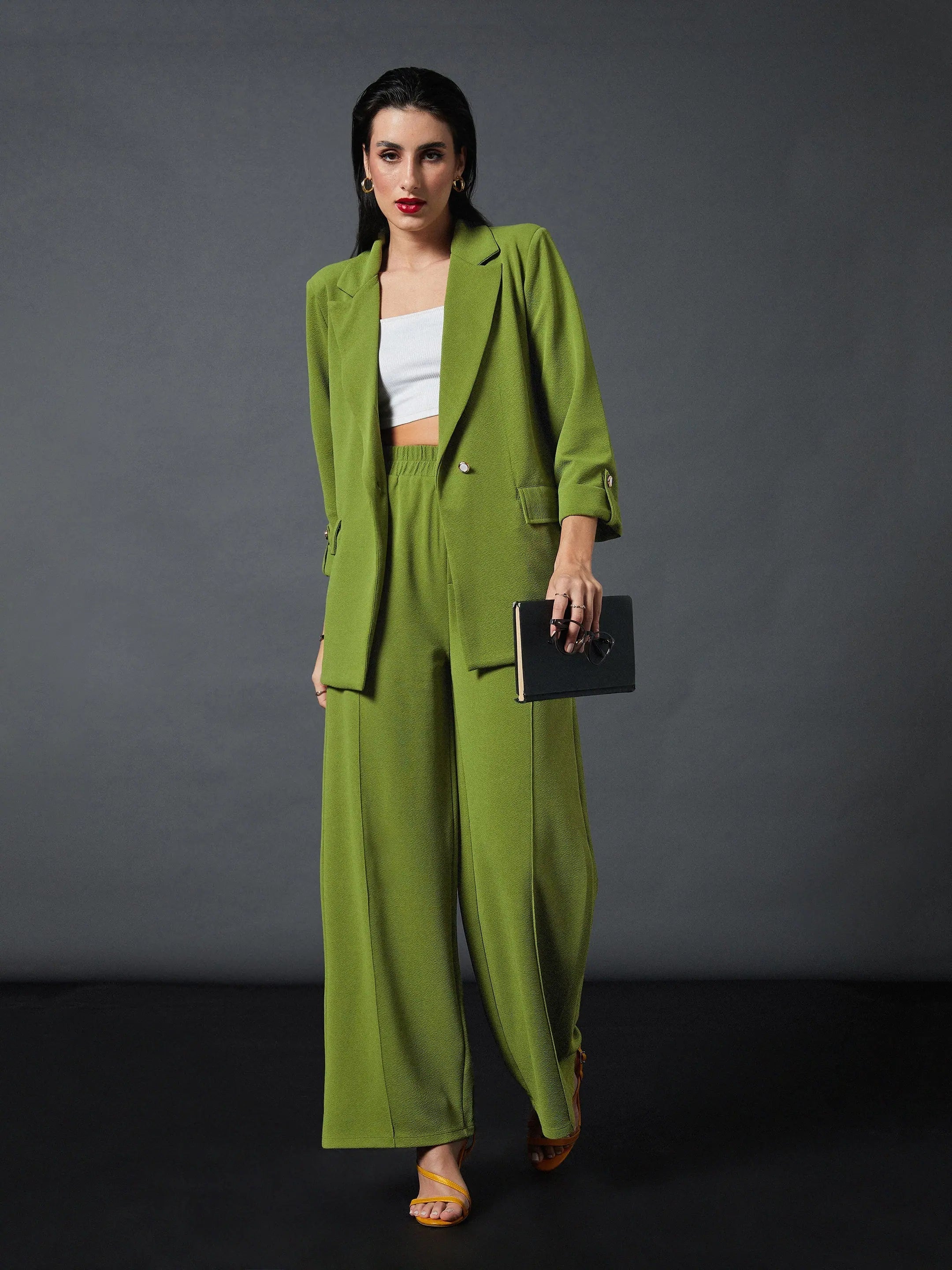 Olive Blazer & Palazzo Pants Set | Women's Two-Piece Outfit