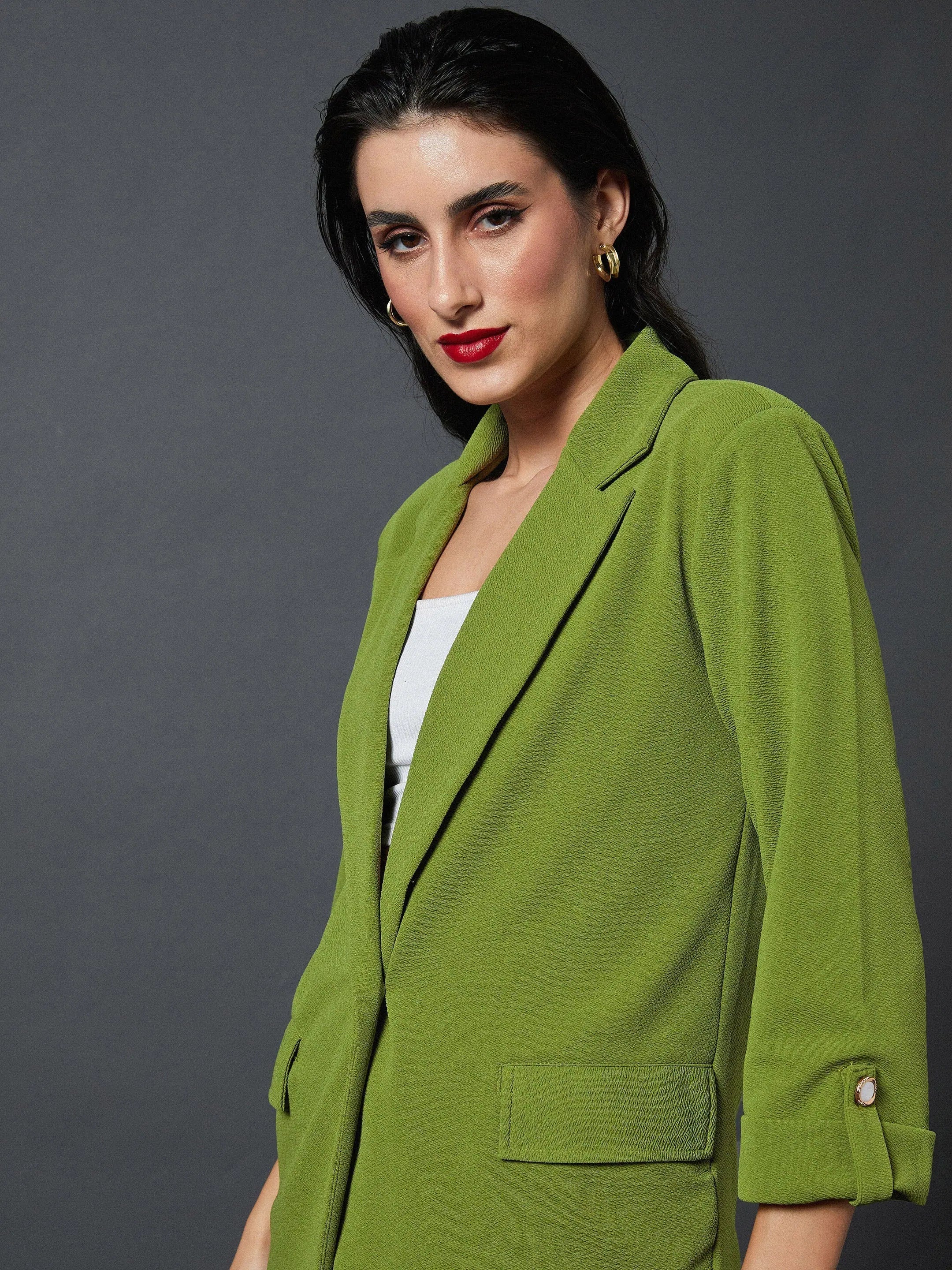 Olive Blazer & Palazzo Pants Set | Women's Two-Piece Outfit