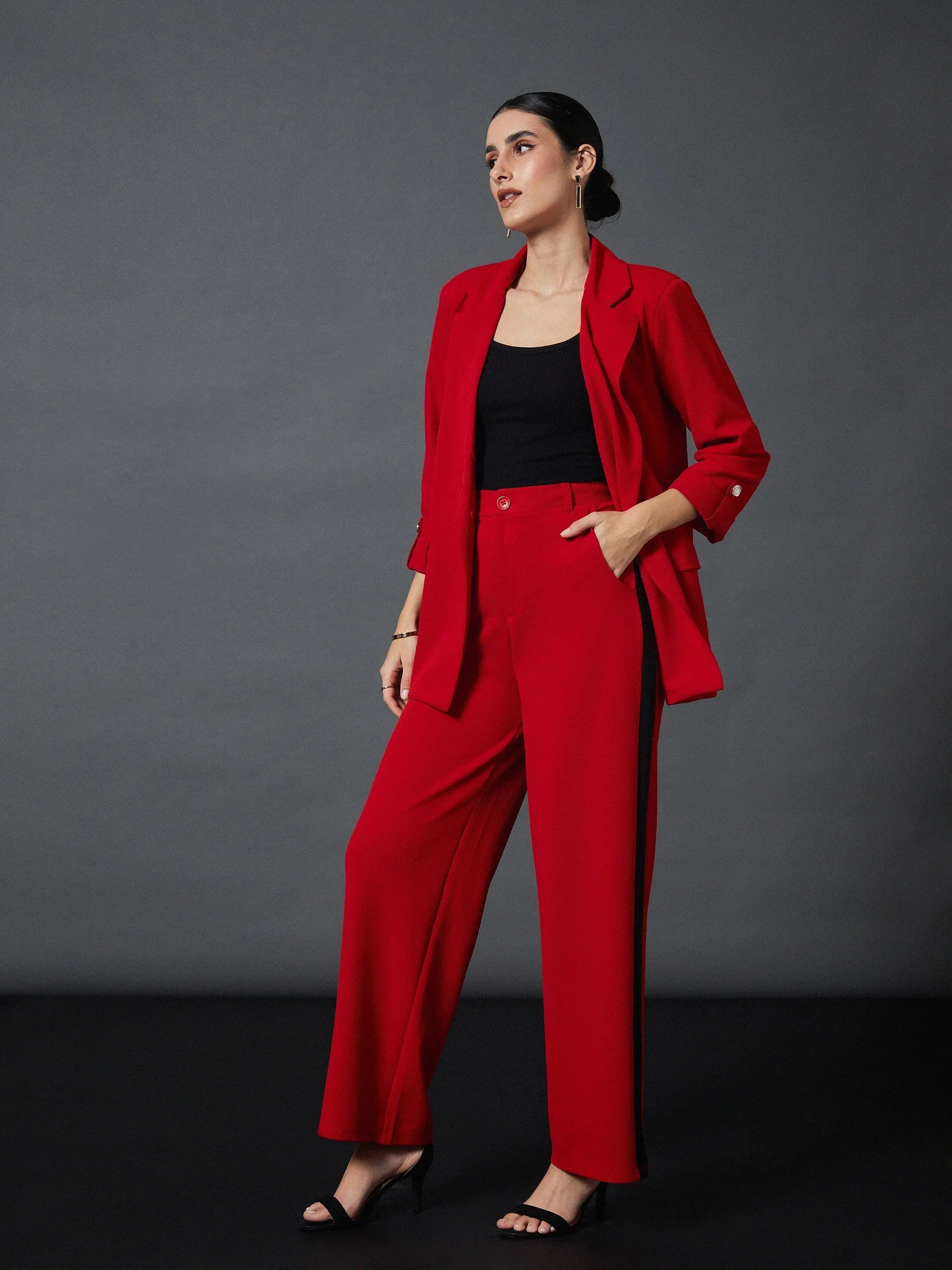 Wholesale Women Red Front Button Blazer with Straight Pants