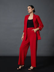 Women Red Front Button Blazer With Straight Pants