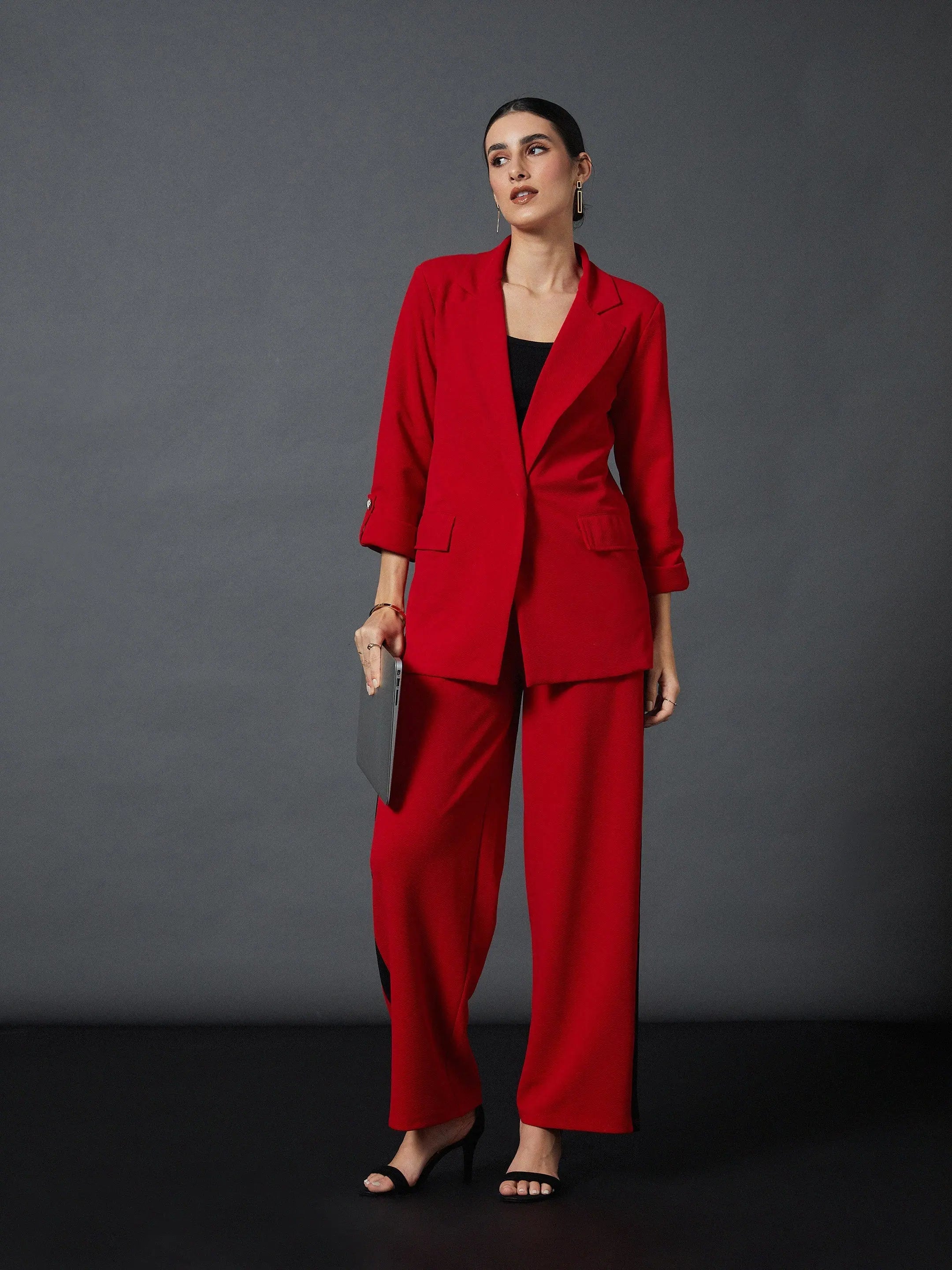 Wholesale Women Red Front Button Blazer with Straight Pants