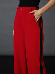 Women Red Front Button Blazer With Straight Pants