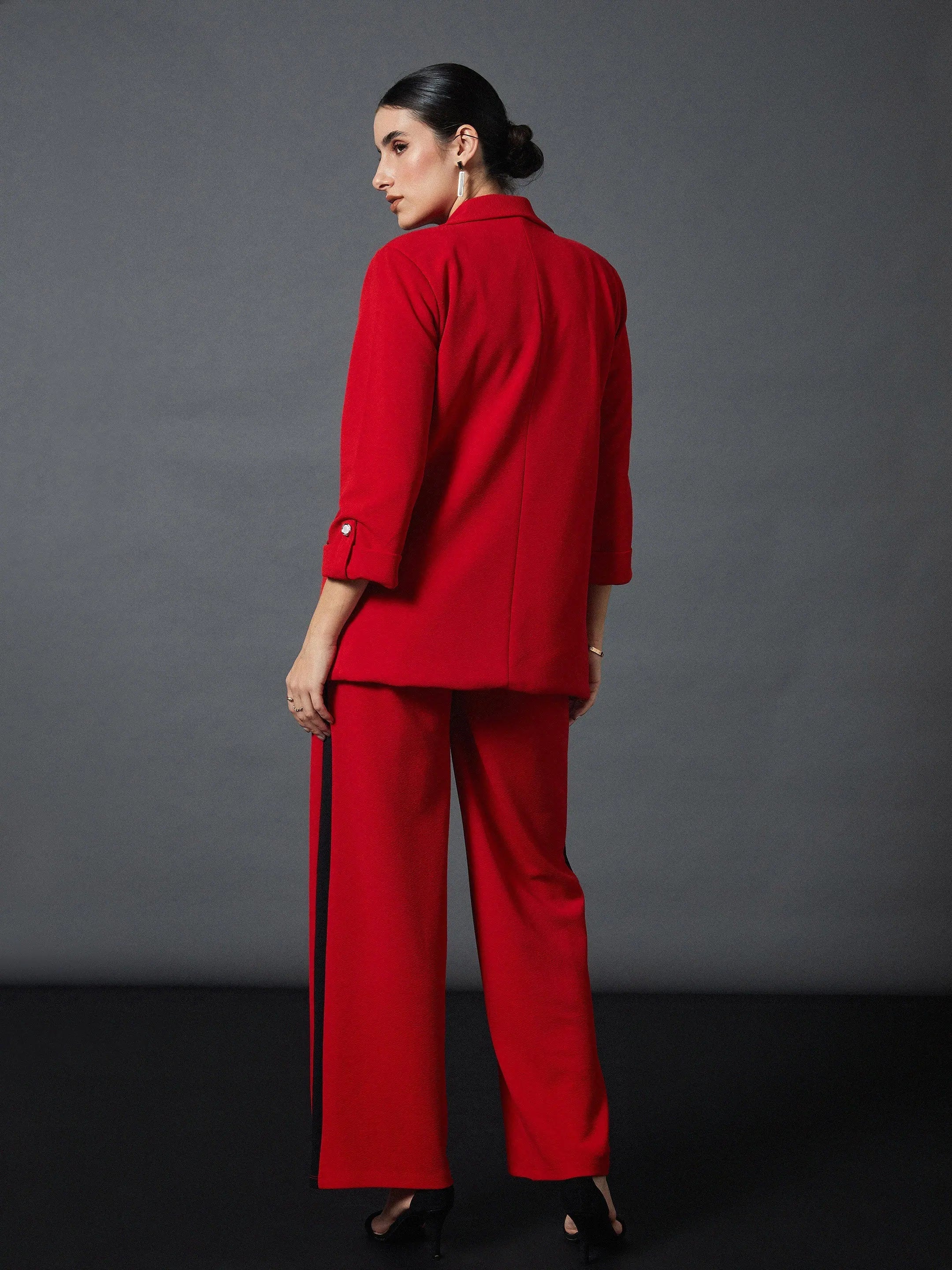 Wholesale Women Red Front Button Blazer with Straight Pants