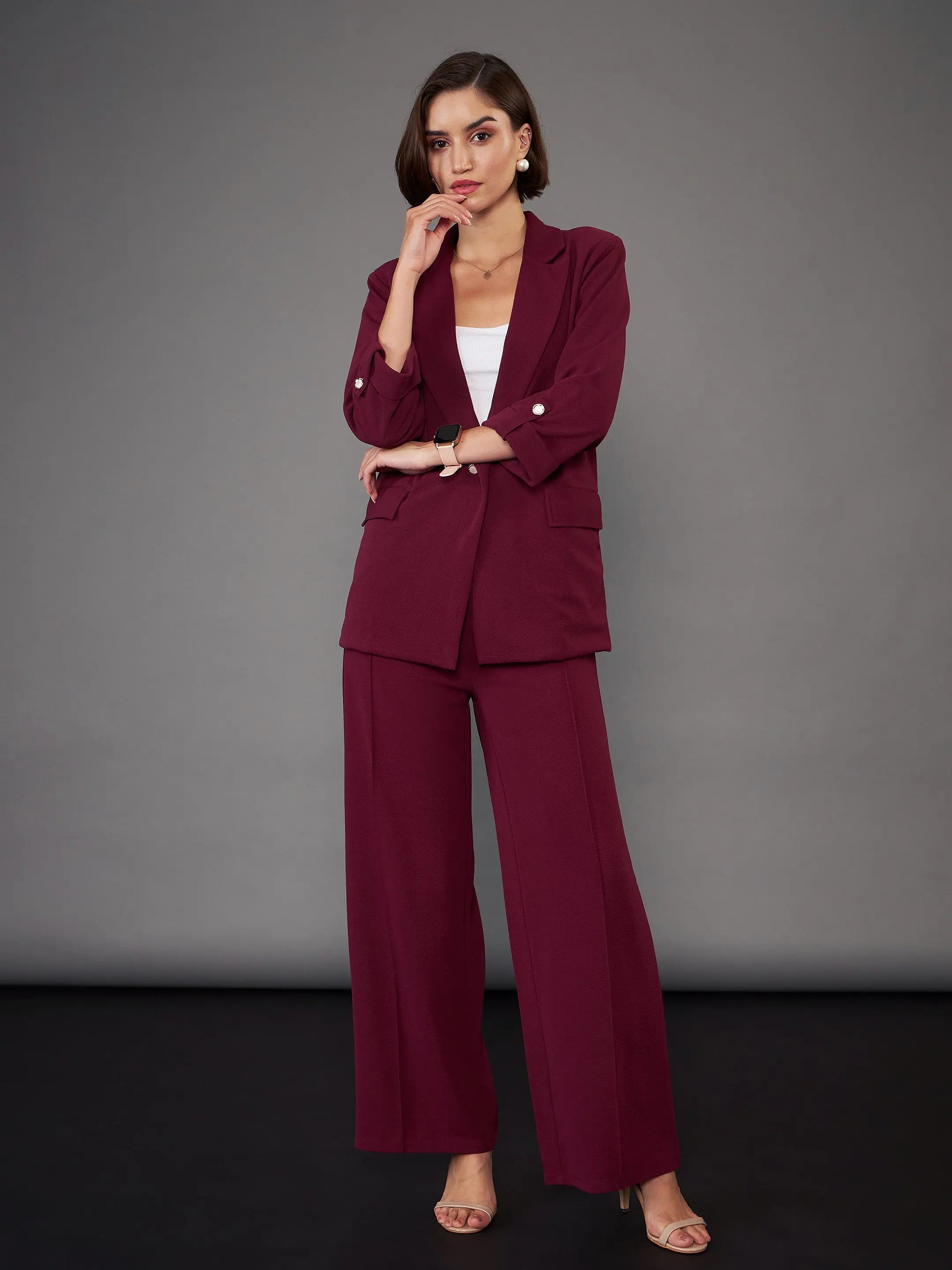 Burgundy Blazer with Palazzo Pants | Women's Tops and Shirts