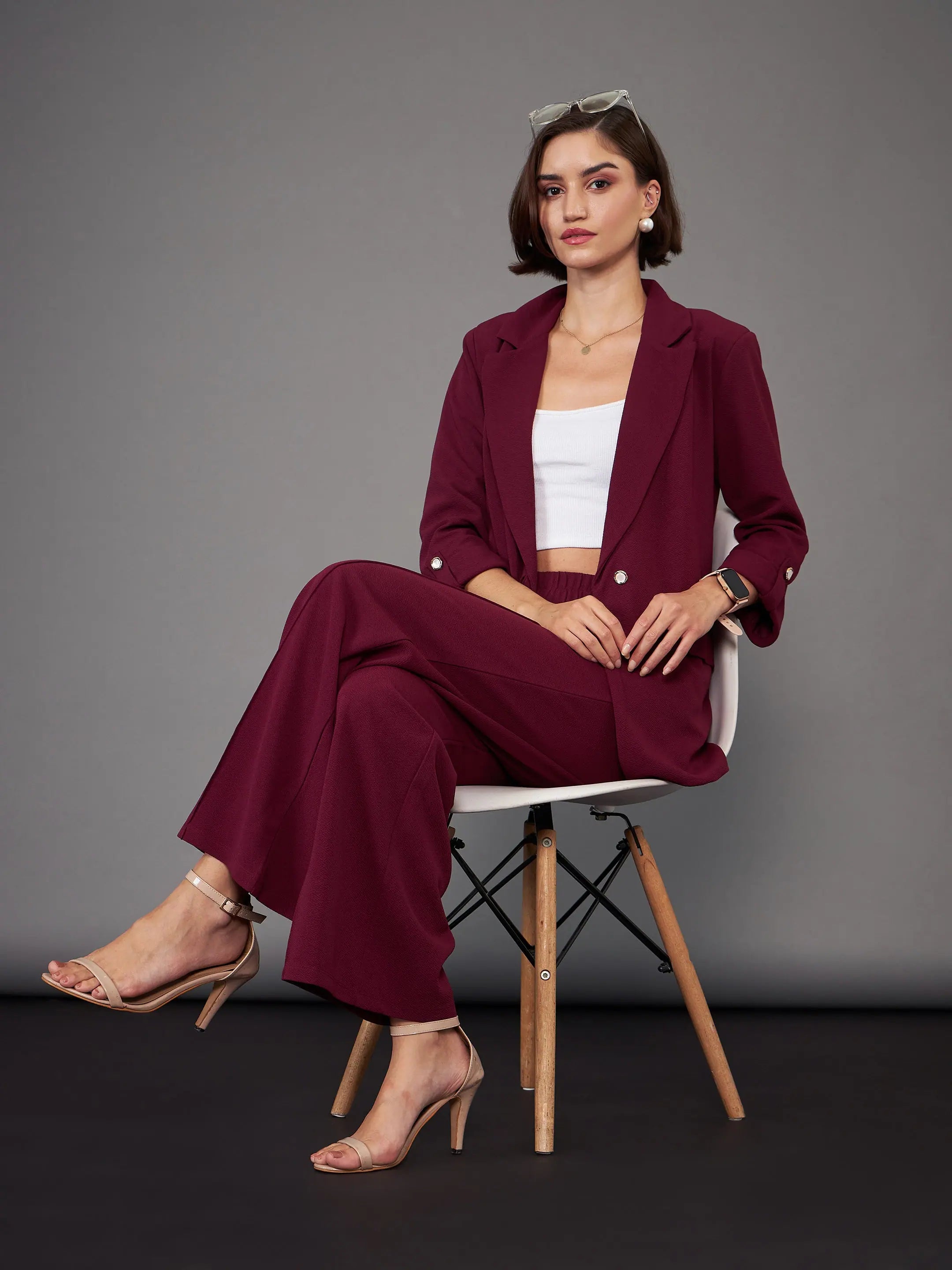 Burgundy Blazer with Palazzo Pants | Women's Tops and Shirts