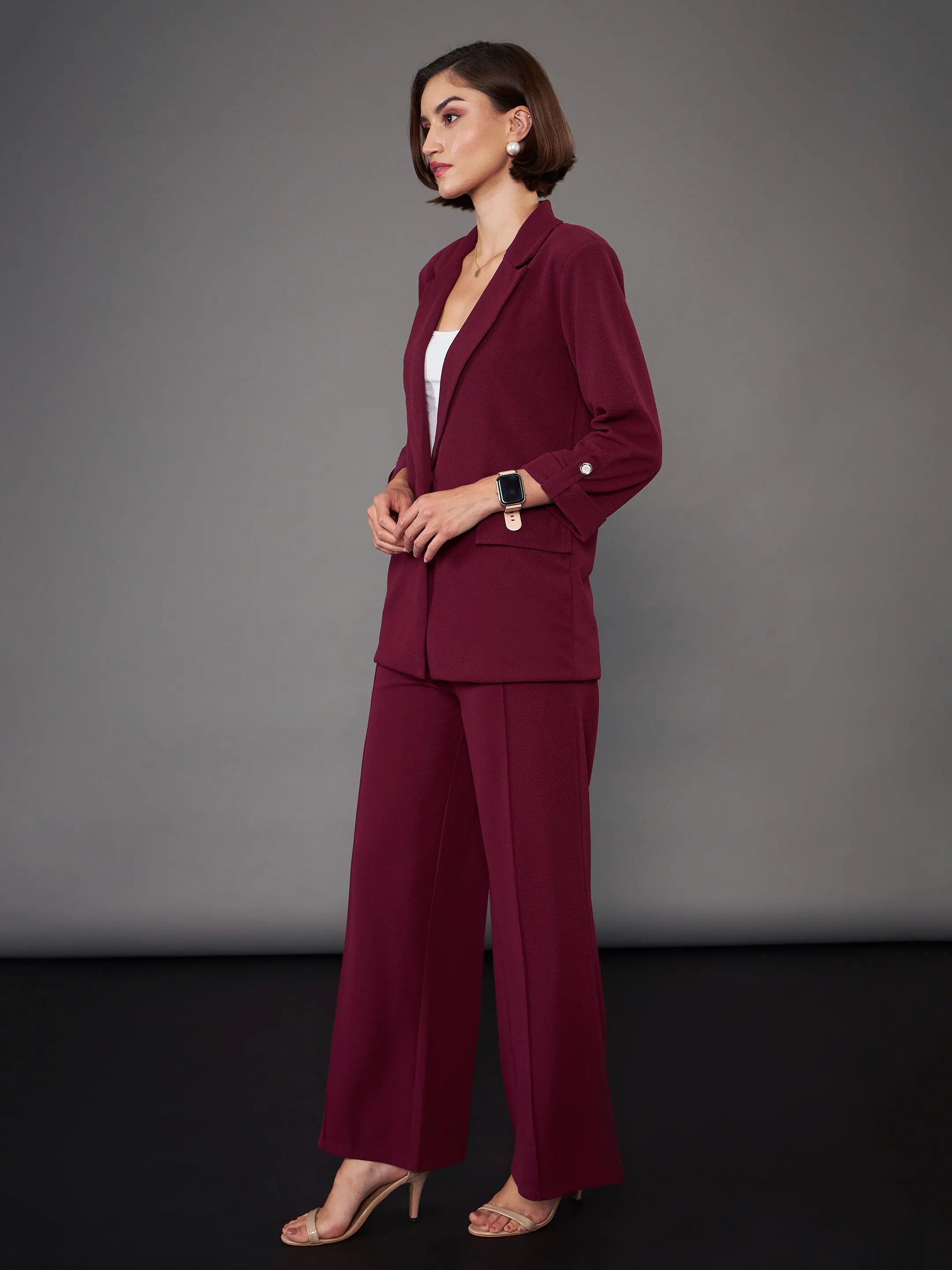 Burgundy Blazer with Palazzo Pants | Women's Tops and Shirts