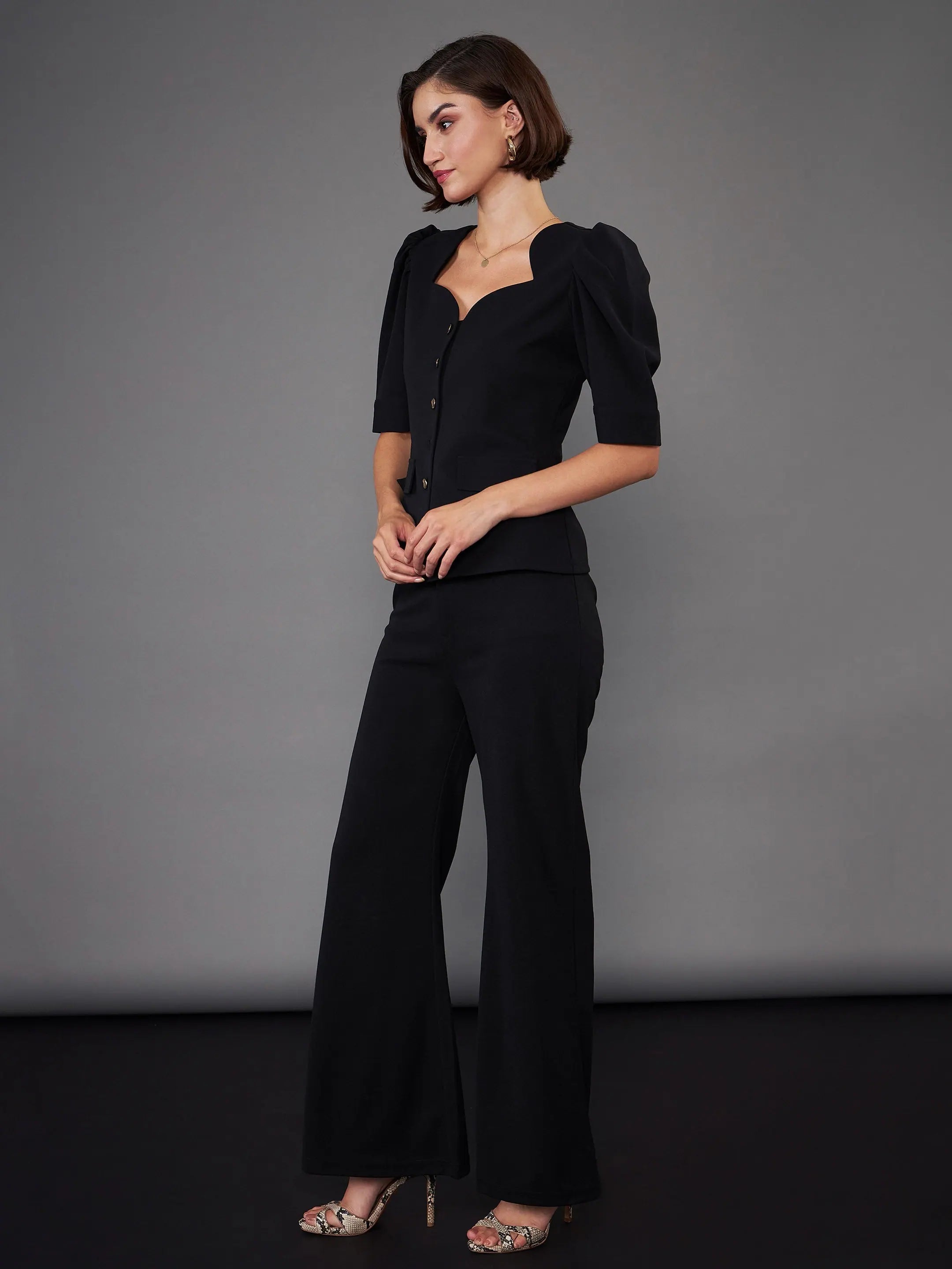 Black Puff Sleeve Top & Bell Bottom Pants | Women's Western Wear