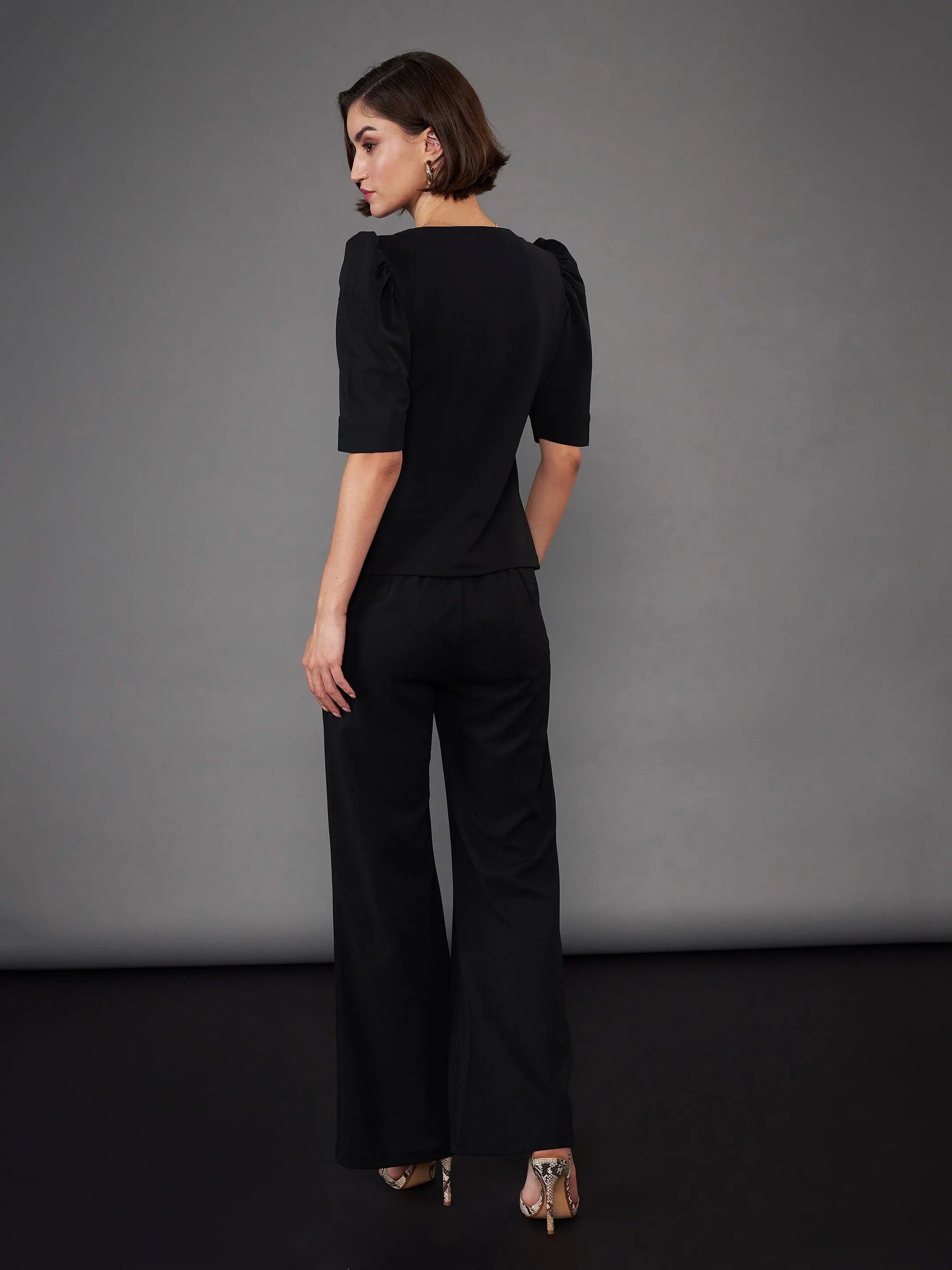 Black Puff Sleeve Top & Bell Bottom Pants | Women's Western Wear
