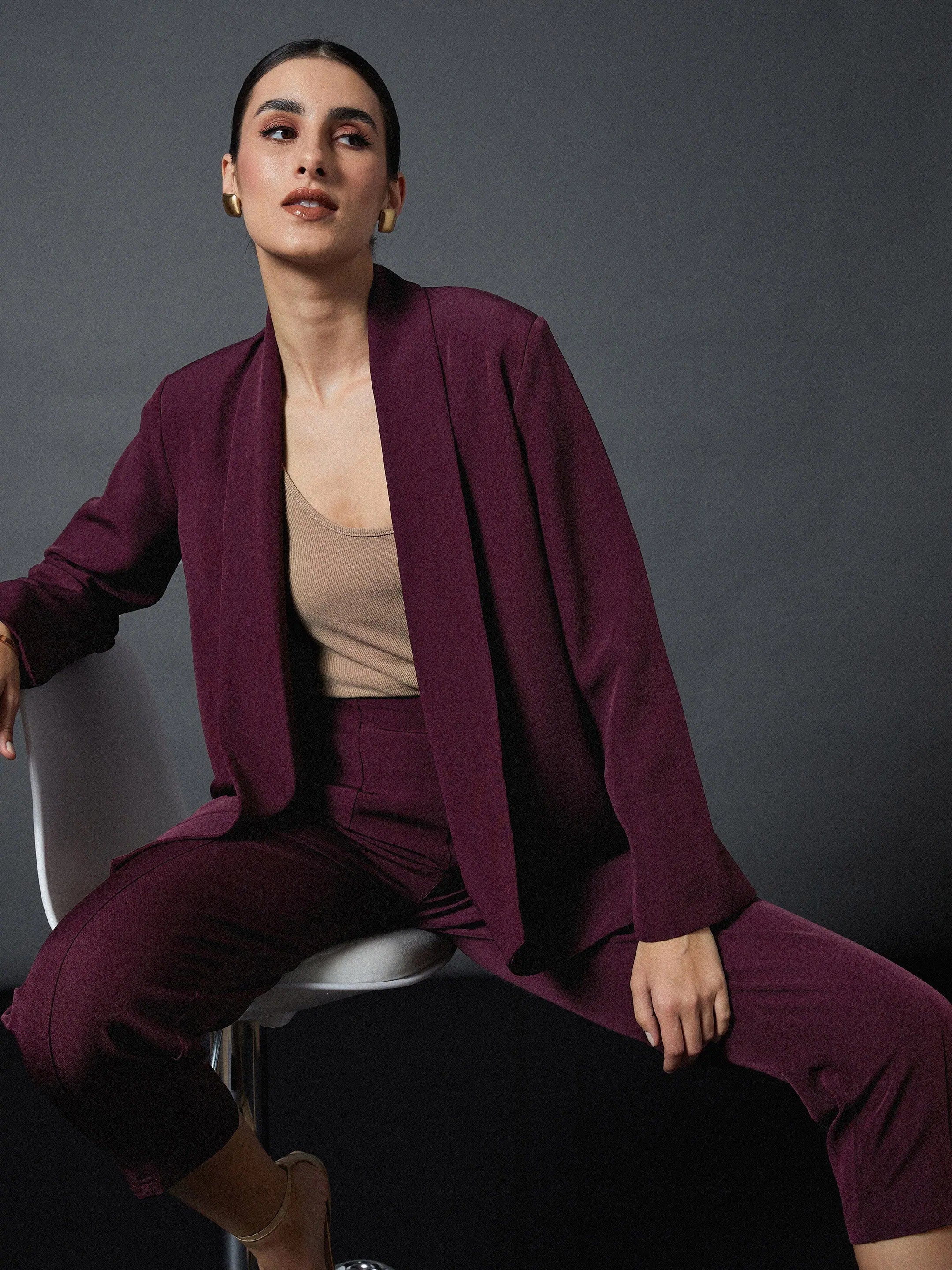 Wholesale Women Maroon Shawl Collar Blazer With Balloon Fit Pants