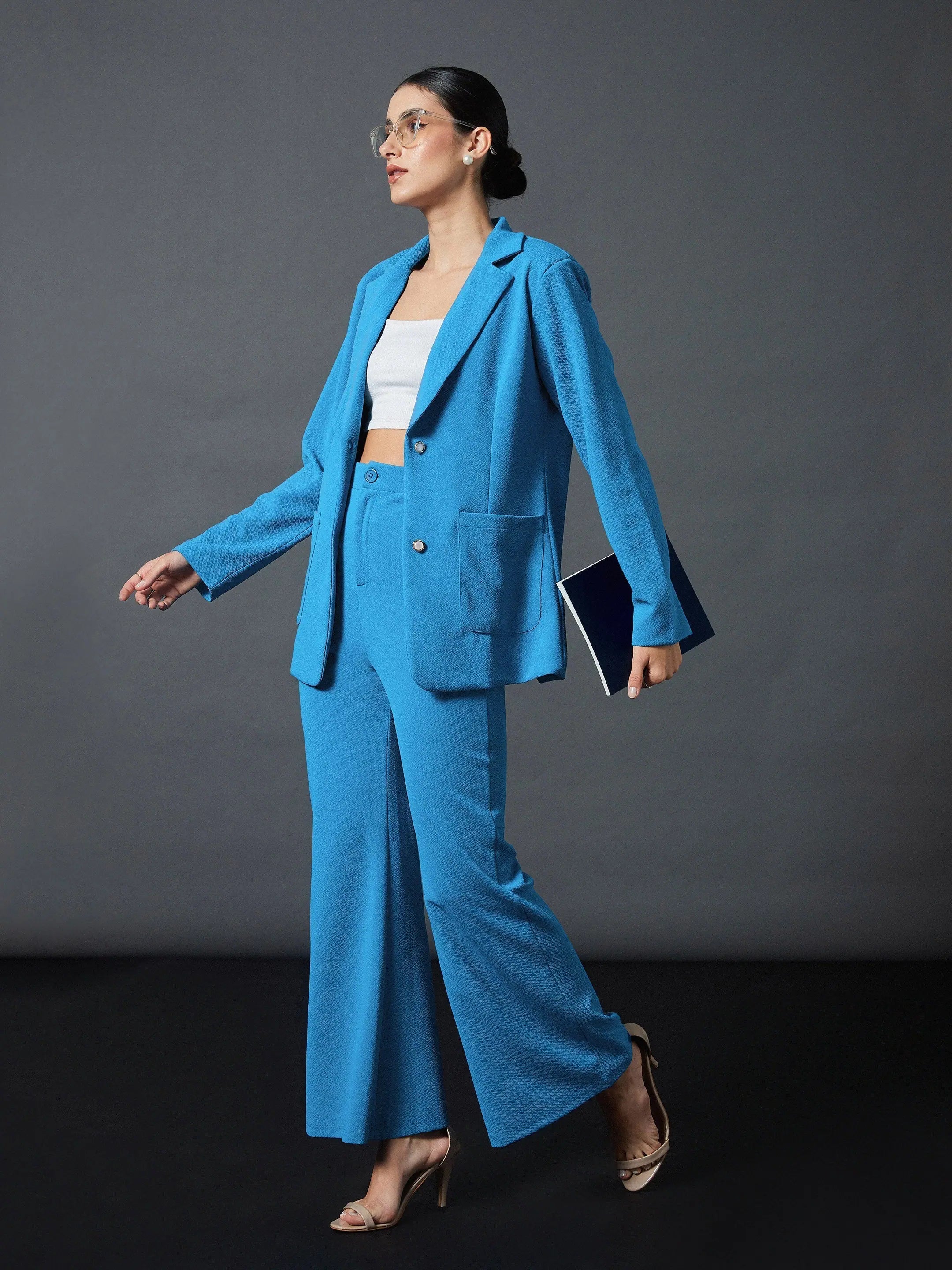 Turquoise Blazer and Bellbottom Pants Set | Women's Tops