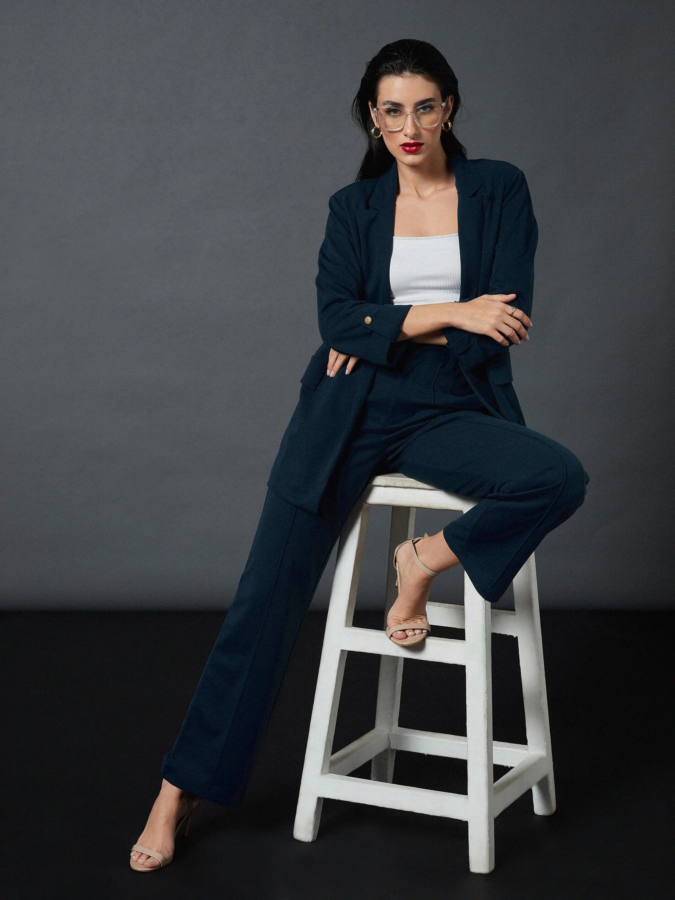 Airforce Blue Blazer & Darted Pants | Women's Fashion Tops