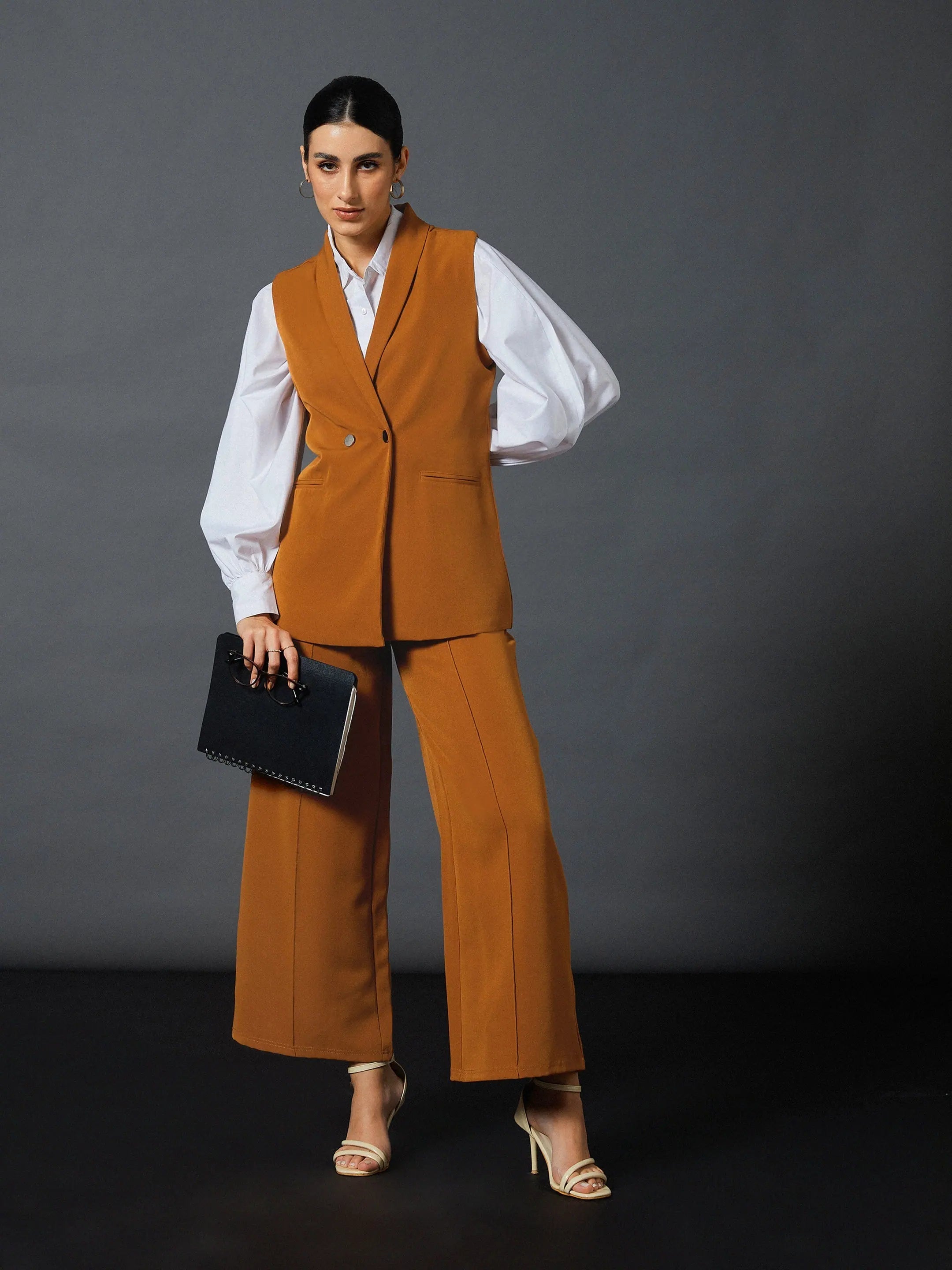 Mustard Sleeveless Blazer & Pants Set | Women's Shirts