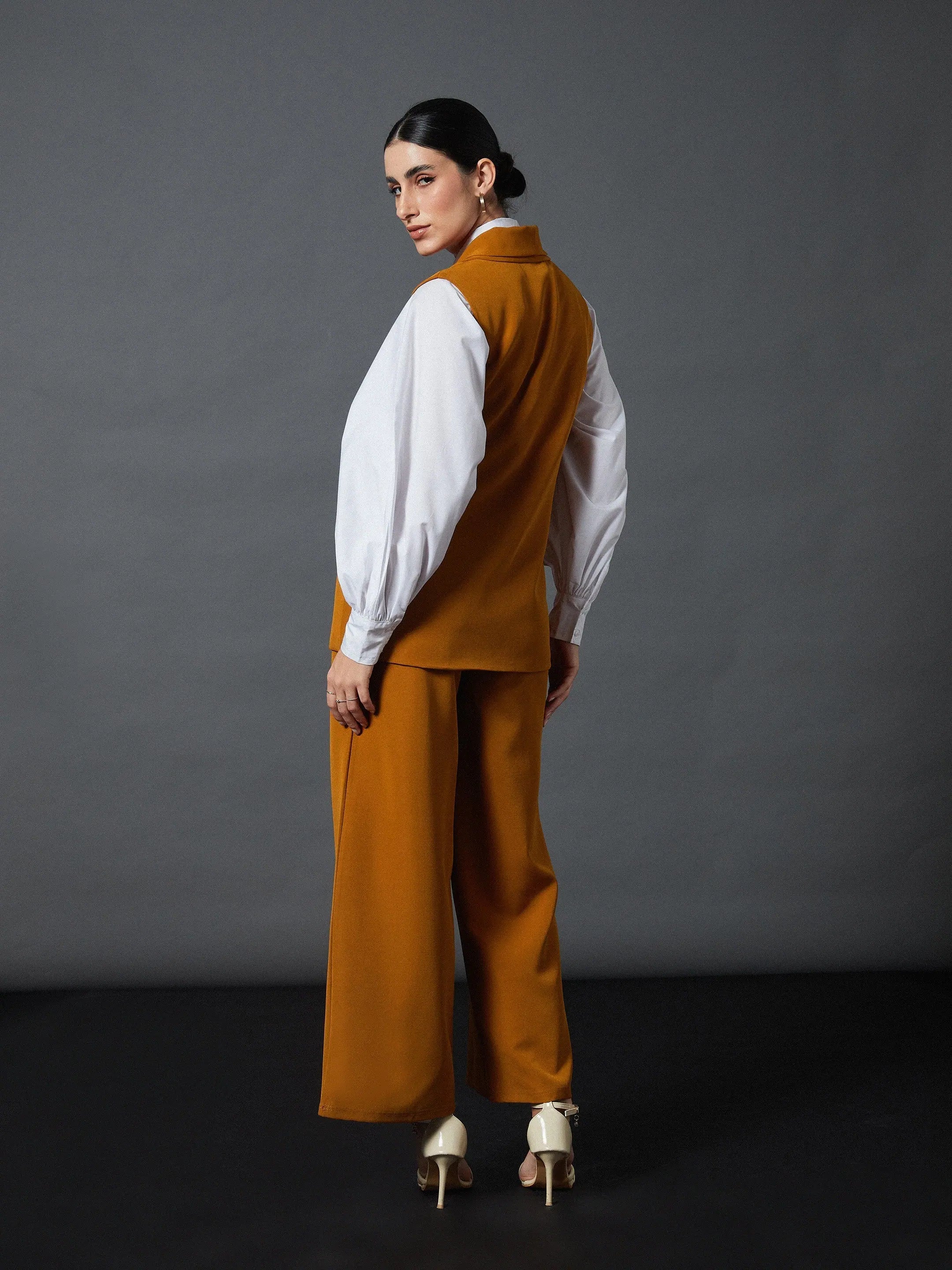 Mustard Sleeveless Blazer & Pants Set | Women's Shirts