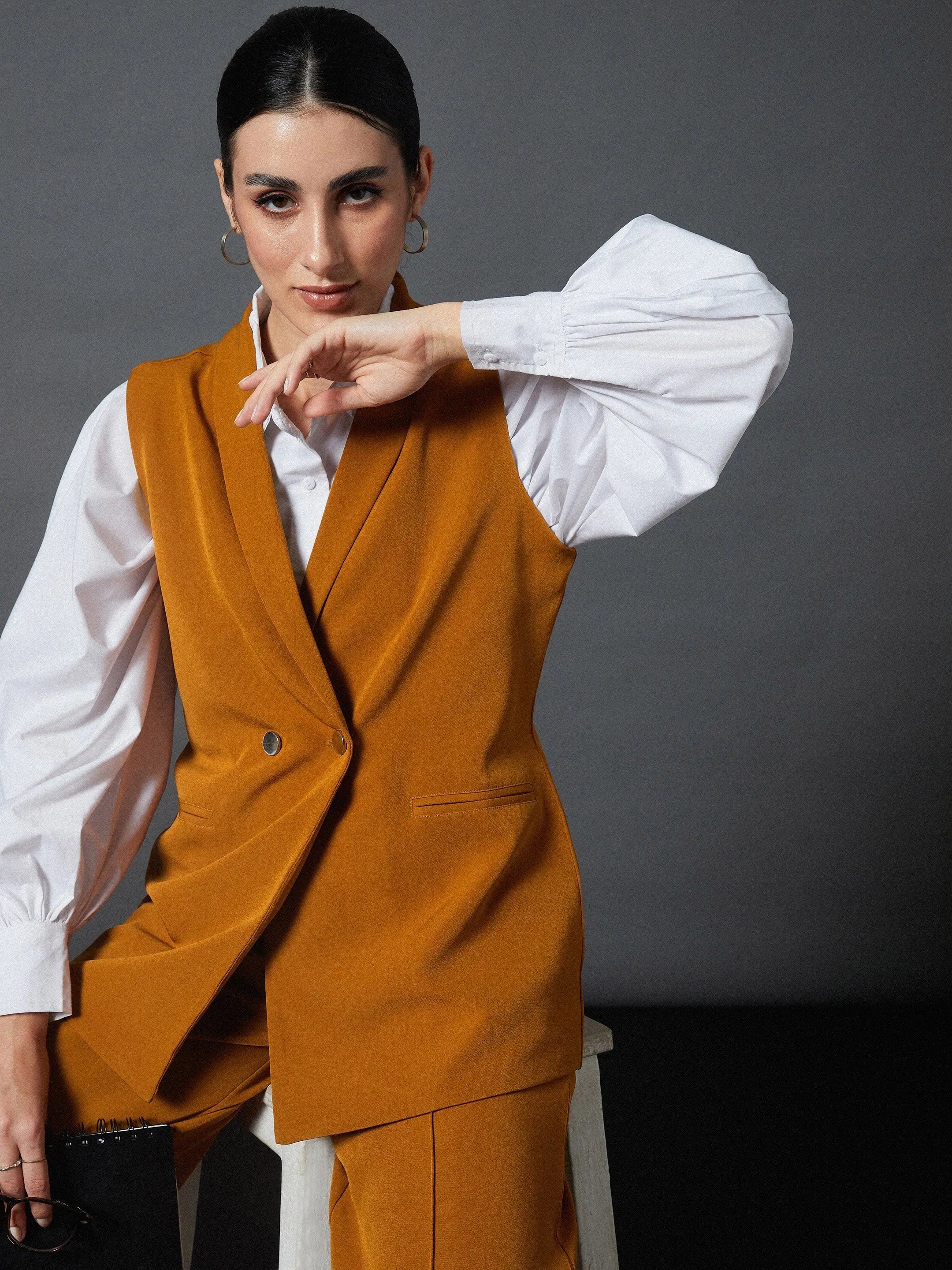 Mustard Sleeveless Blazer & Pants Set | Women's Shirts
