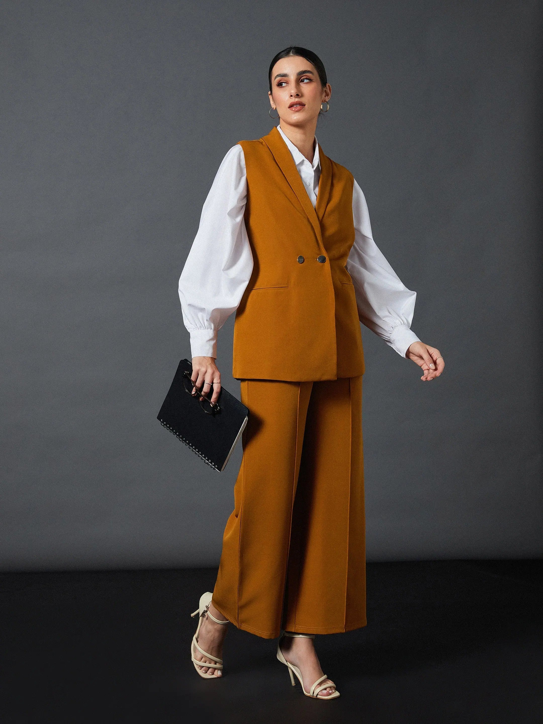 Mustard Sleeveless Blazer & Pants Set | Women's Shirts