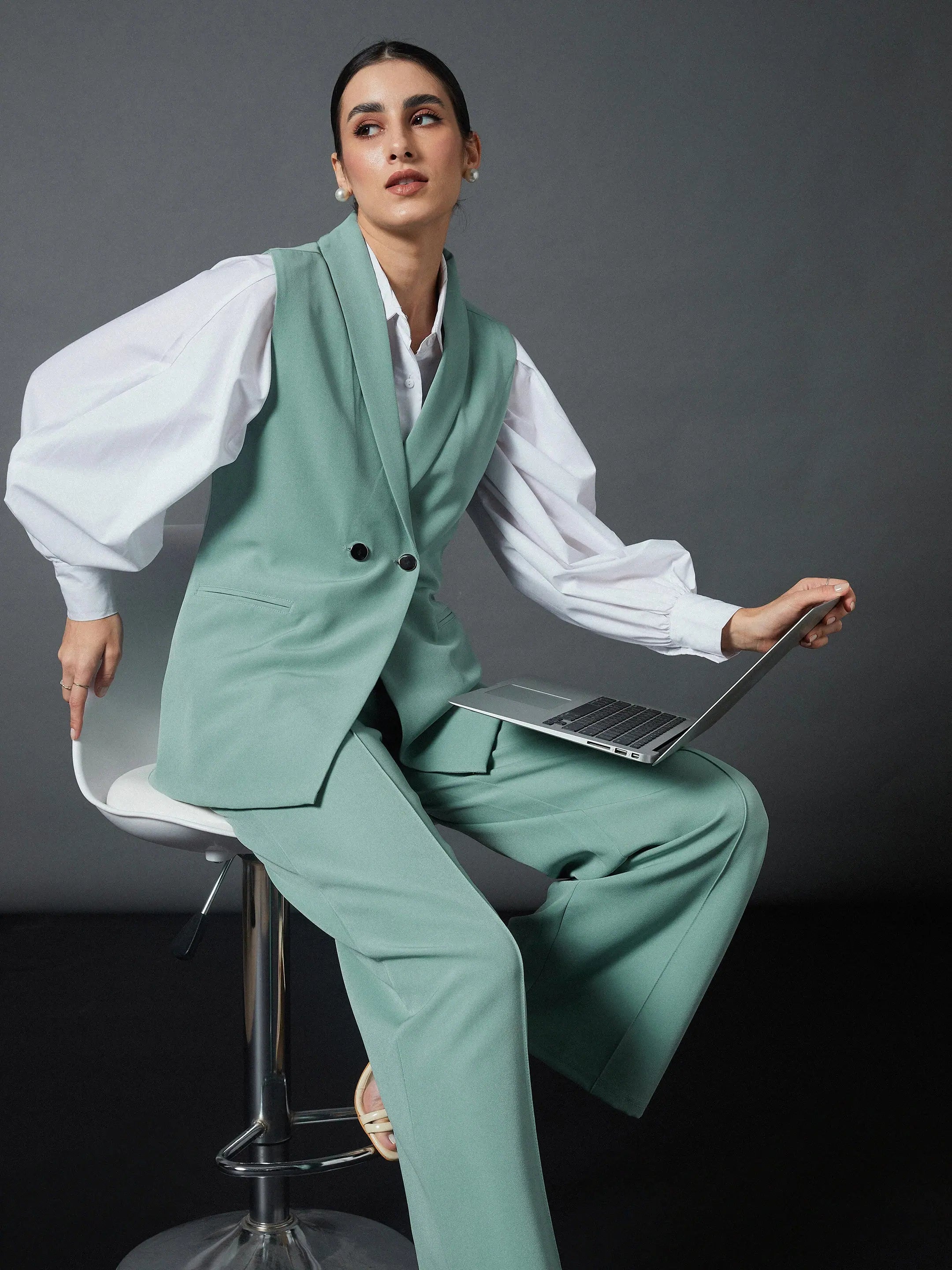 Blue Sleeveless Blazer & Palazzo Pants Set | Women's Tops