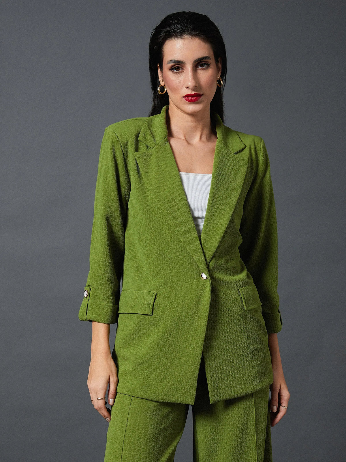 Women Olive Front Button Blazer
