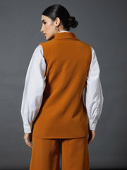 Women Mustard Double-Breast Sleeveless Longline Blazer