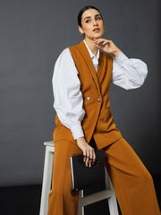 Women Mustard Double-Breast Sleeveless Longline Blazer