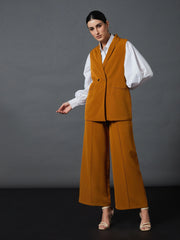 Women Mustard Double-Breast Sleeveless Longline Blazer