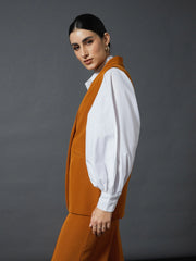 Women Mustard Double-Breast Sleeveless Longline Blazer