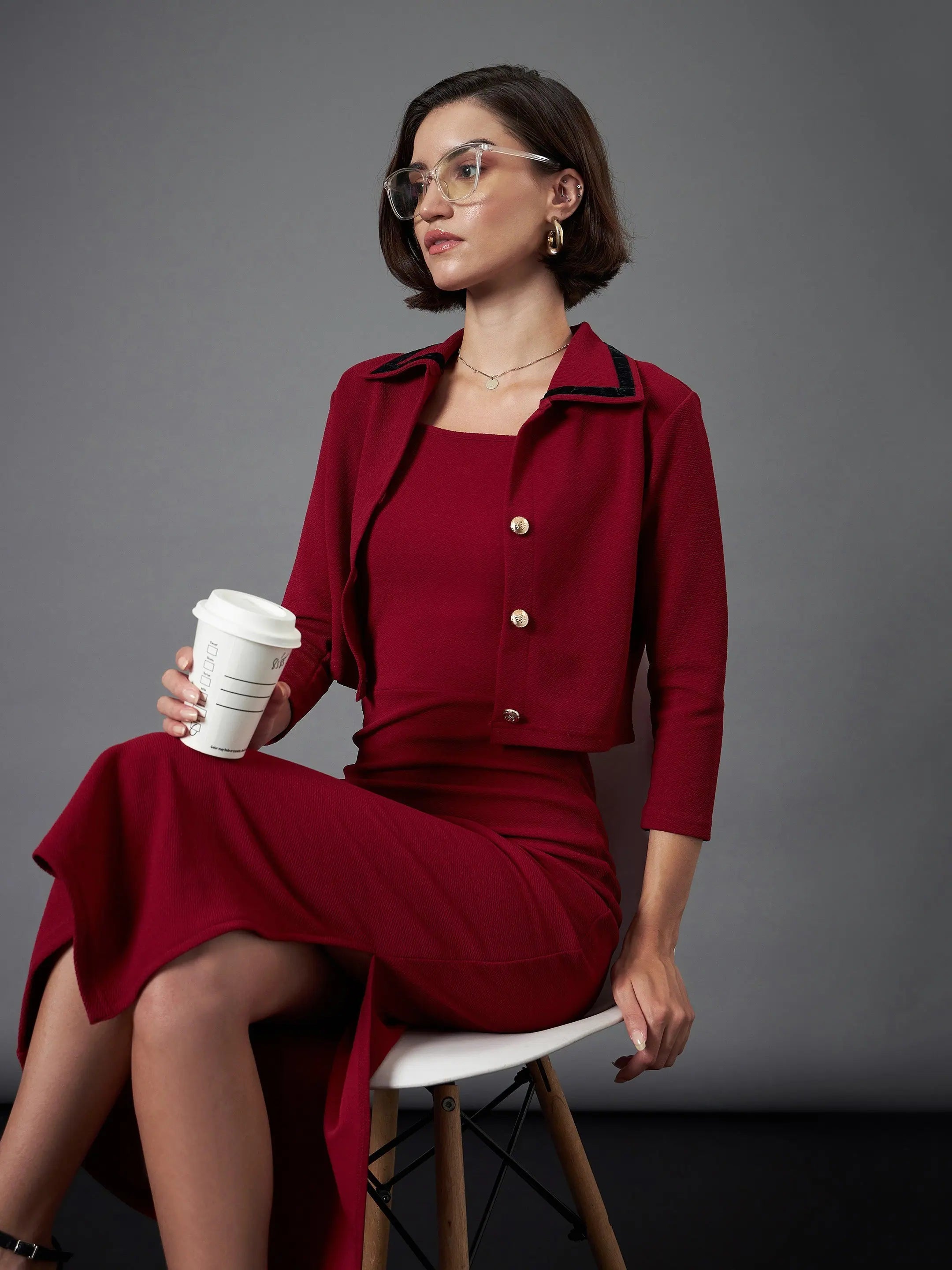 Maroon Bodycon Dress & Crop Jacket | Women's Strappy Dress