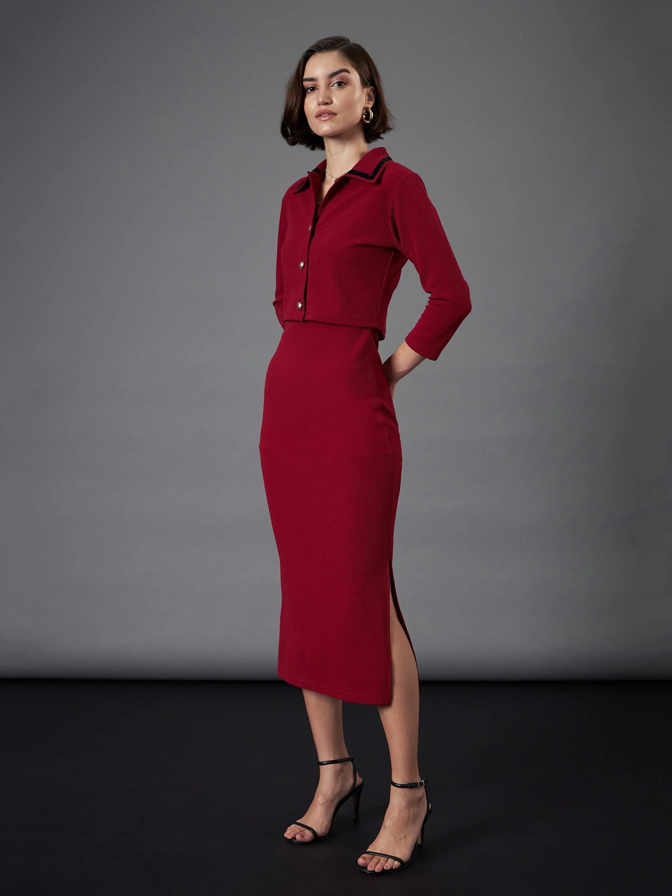 Maroon Bodycon Dress & Crop Jacket | Women's Strappy Dress