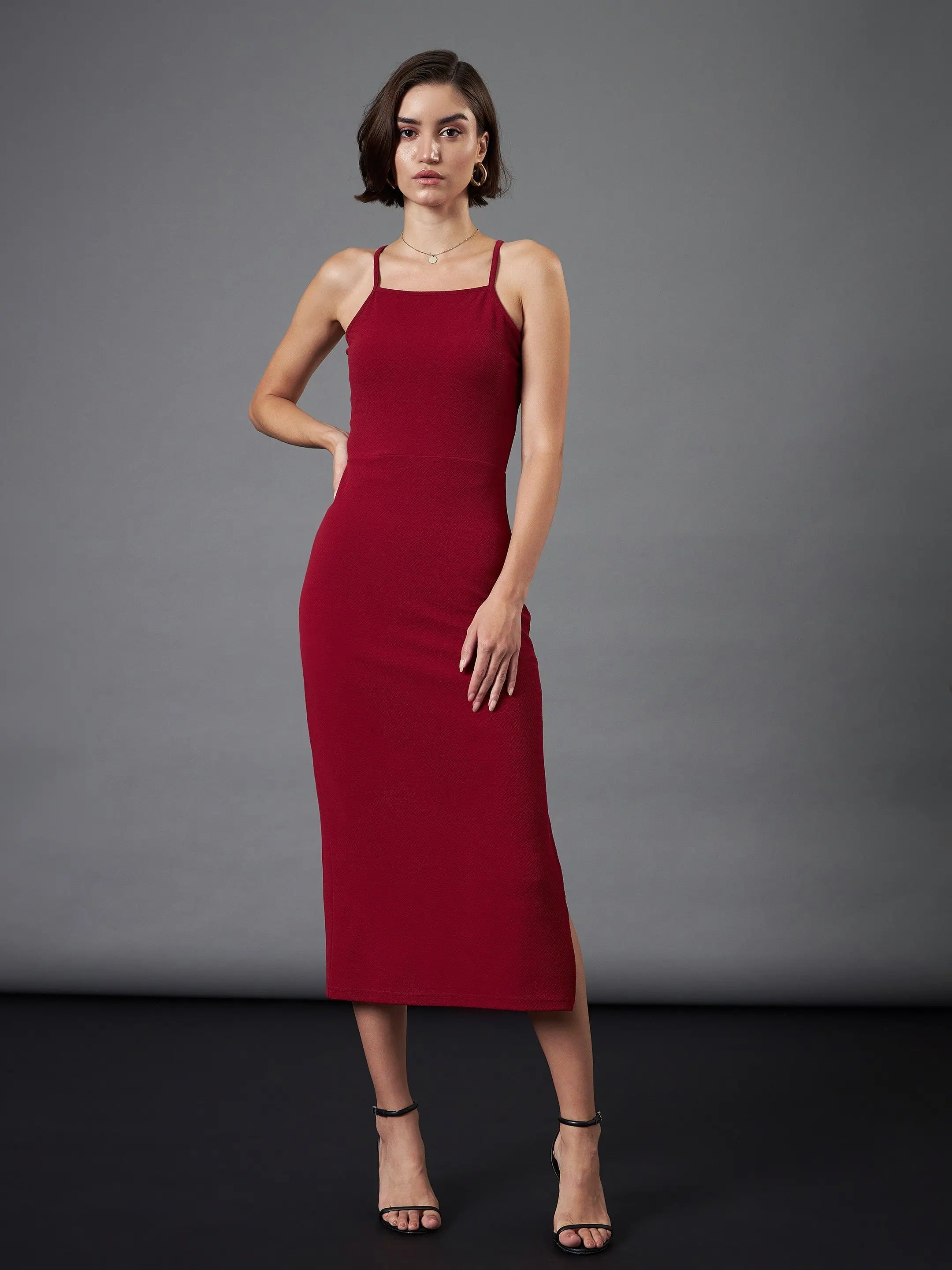 Maroon Bodycon Dress & Crop Jacket | Women's Strappy Dress