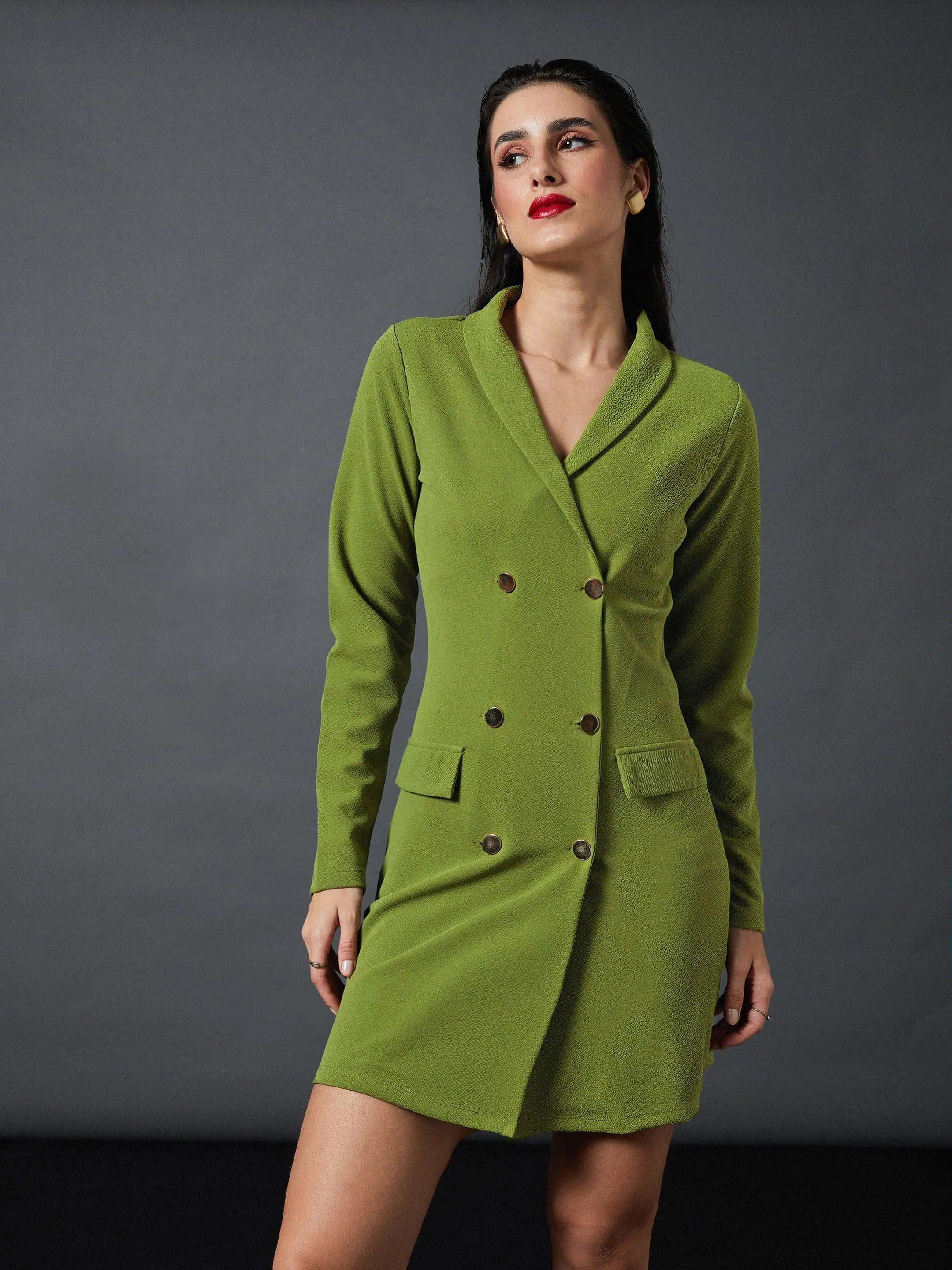 Olive Double Breasted Blazer Dress | Women's Polyester Mini