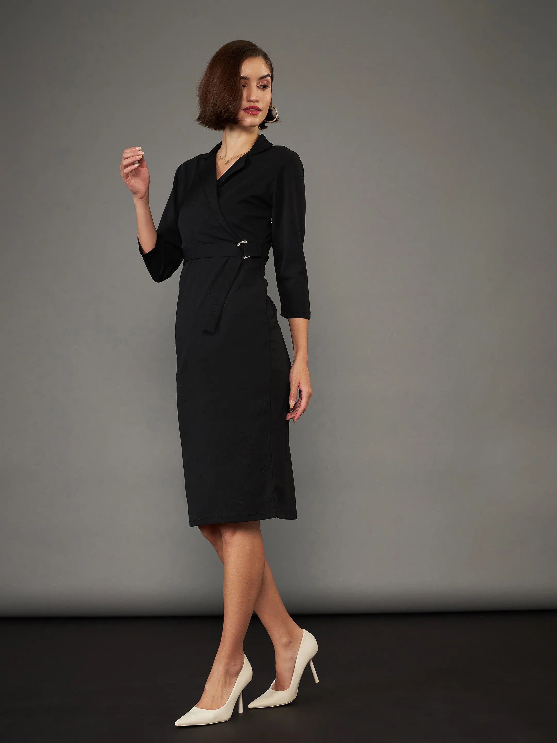 Black Front Wrap Bodycon Midi Dress | Women's Polyester Dress