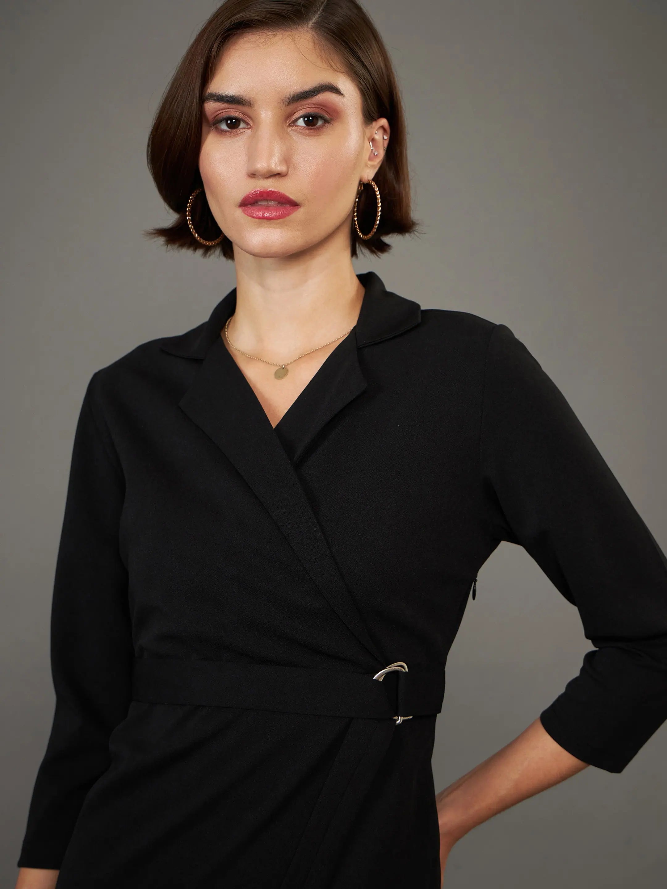 Black Front Wrap Bodycon Midi Dress | Women's Polyester Dress