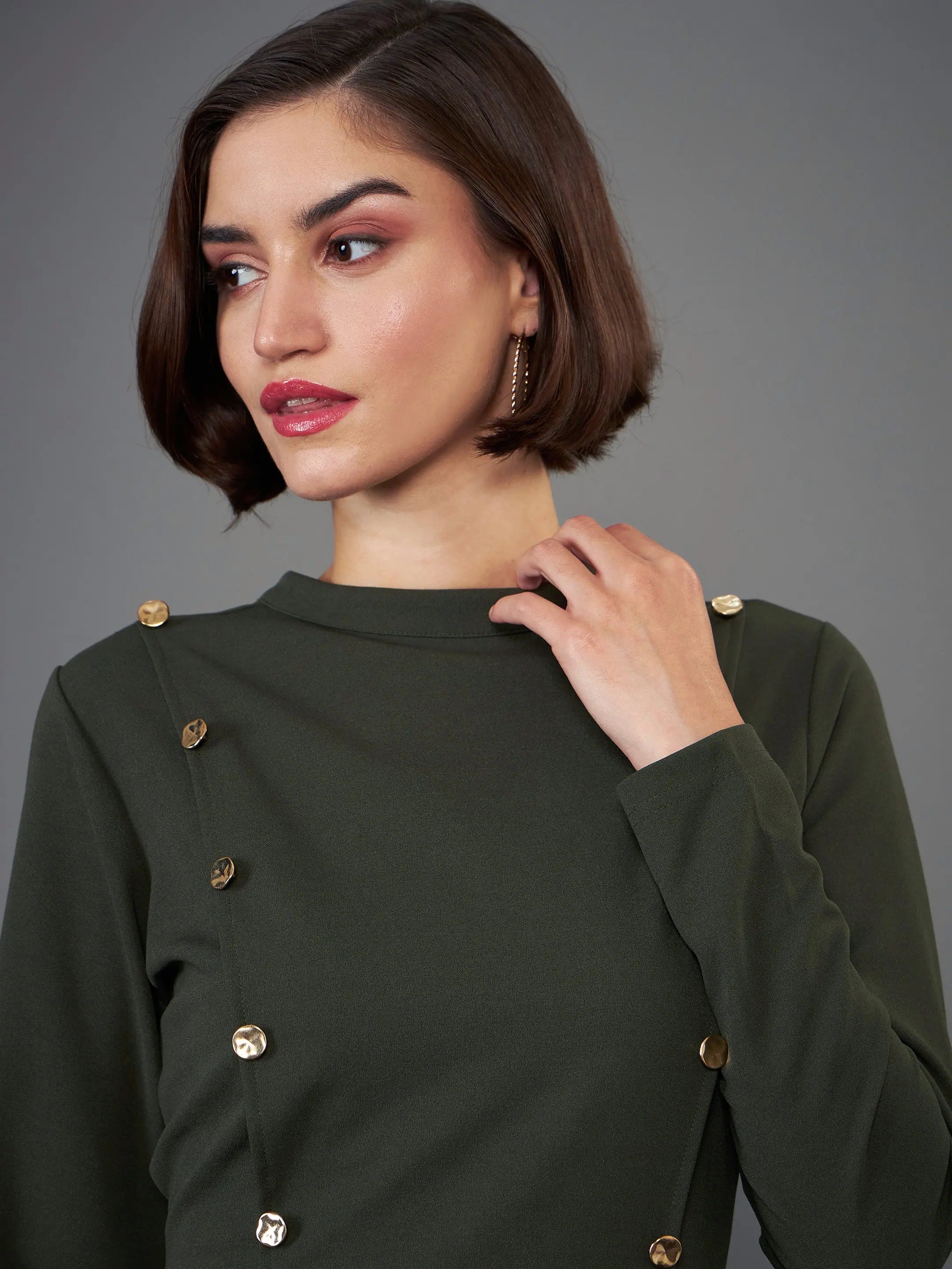 Olive Button Yoke Belted Midi Dress | Women's Casual Dress