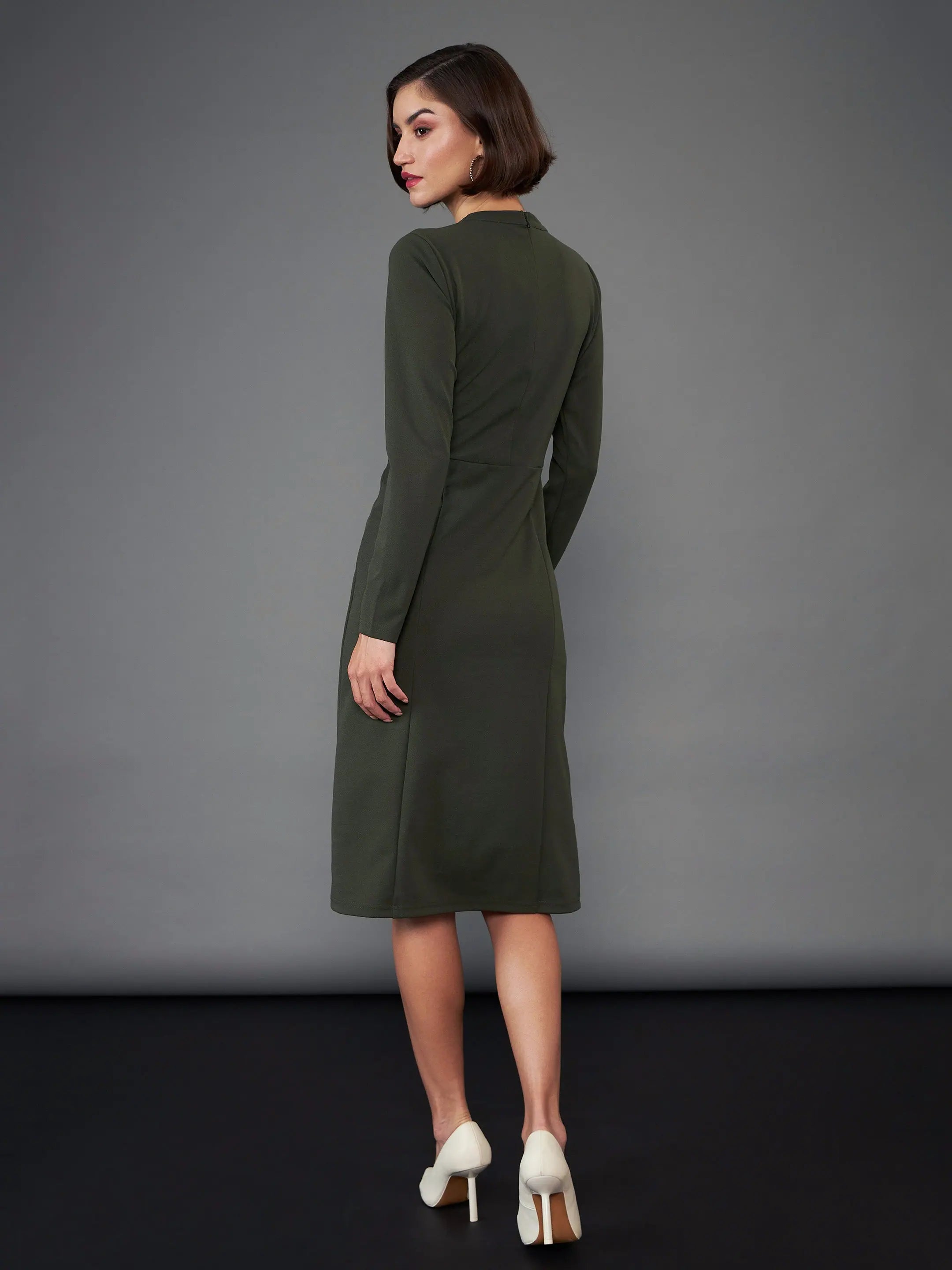 Olive Button Yoke Belted Midi Dress | Women's Casual Dress