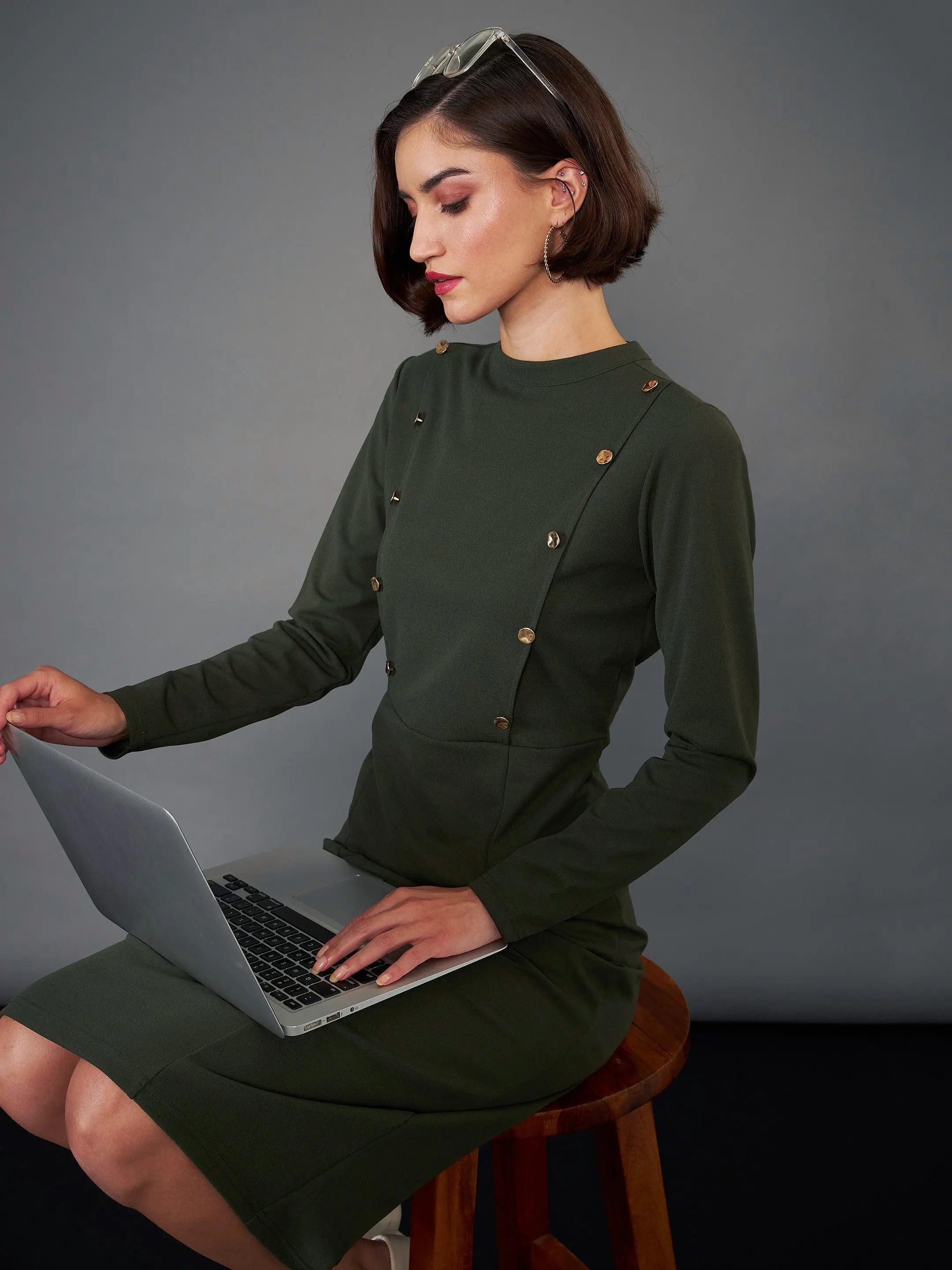 Olive Button Yoke Belted Midi Dress | Women's Casual Dress