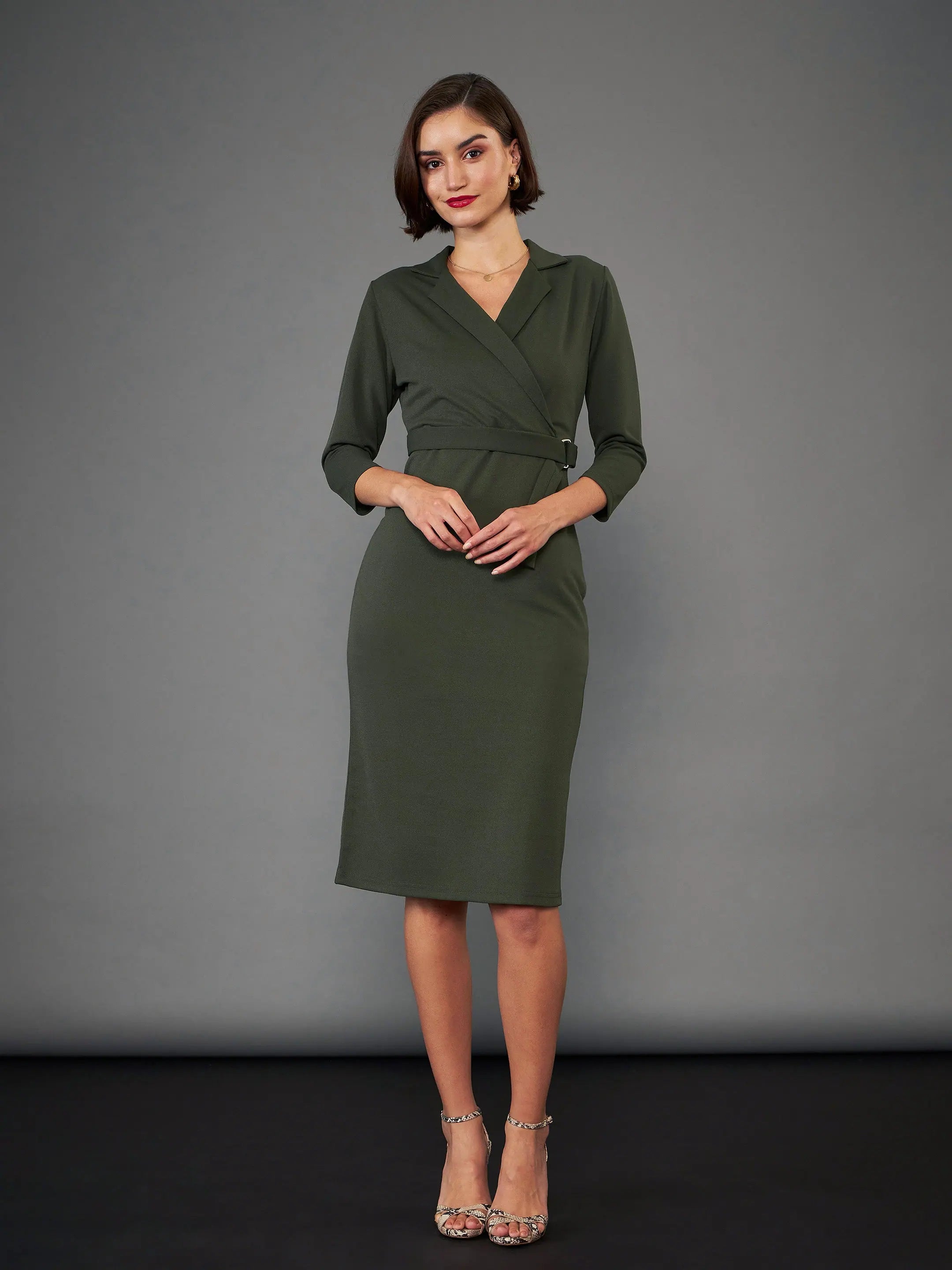 Olive Front Wrap Bodycon Midi Dress | Elegant Women's Dress