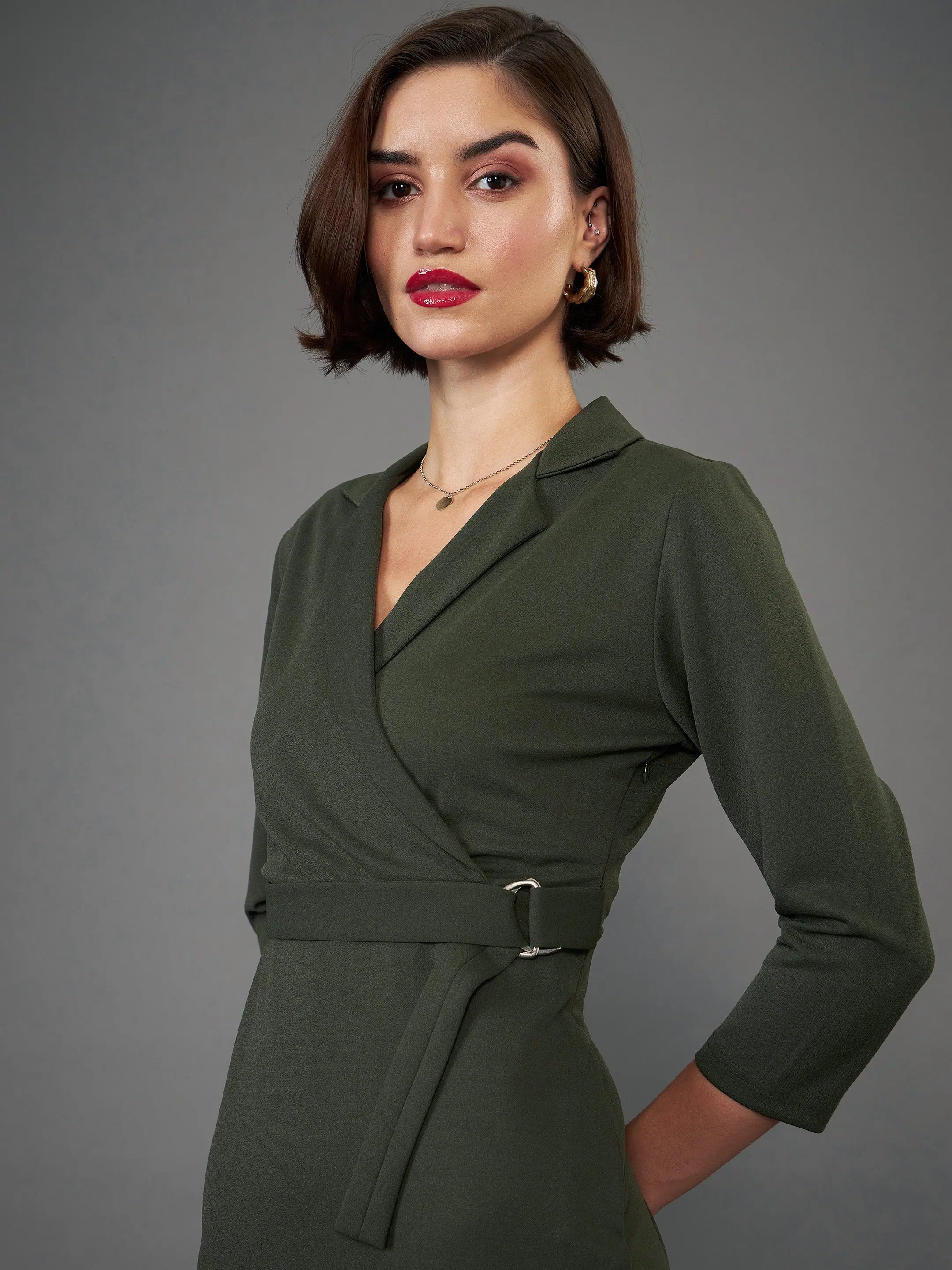 Olive Front Wrap Bodycon Midi Dress | Elegant Women's Dress