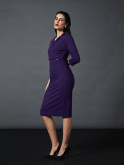 Women Purple Front Wrap Bodycon Midi Dress