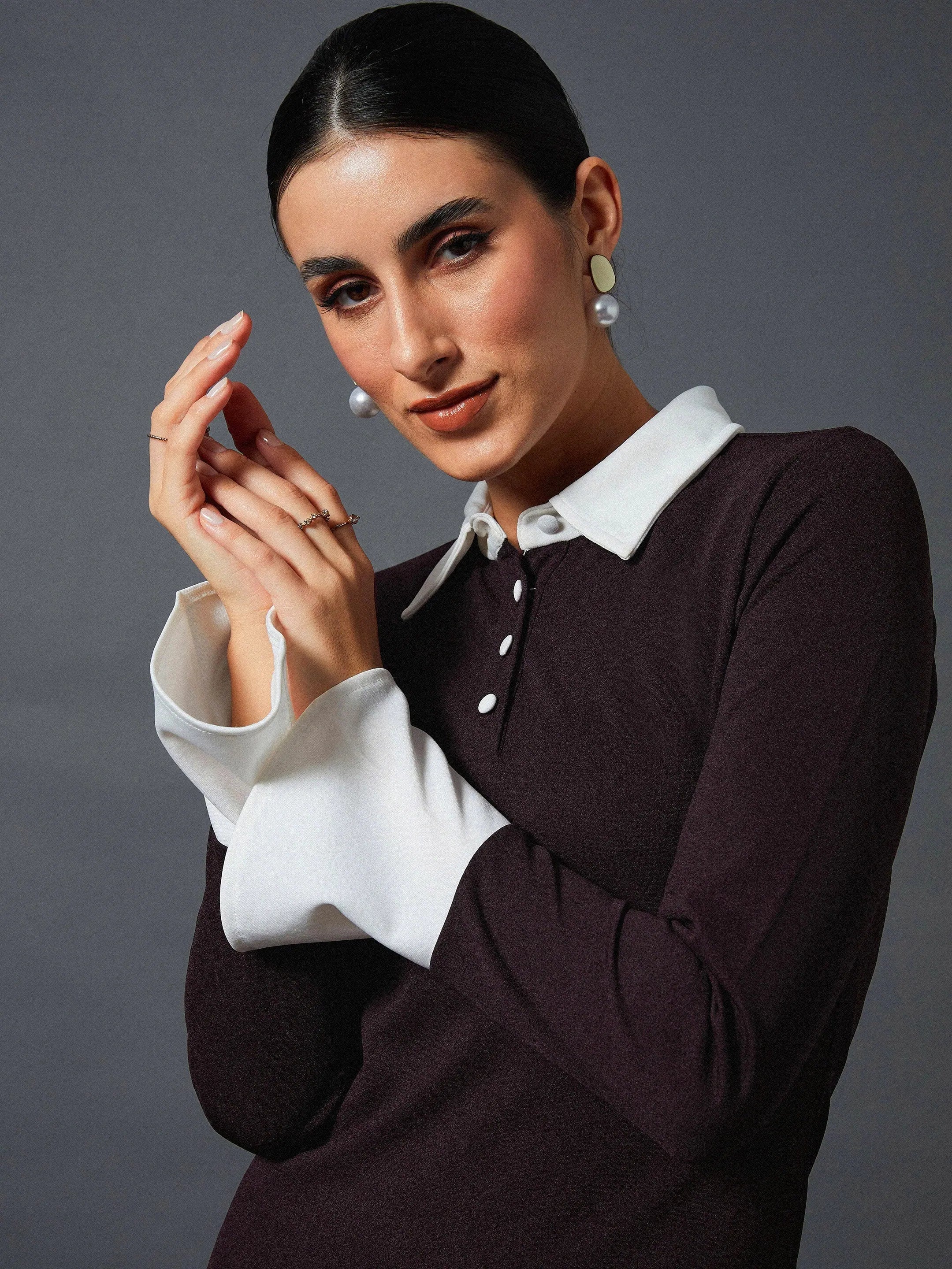 Burgundy Bodycon Dress with Collar Detail | Lehenga for Women