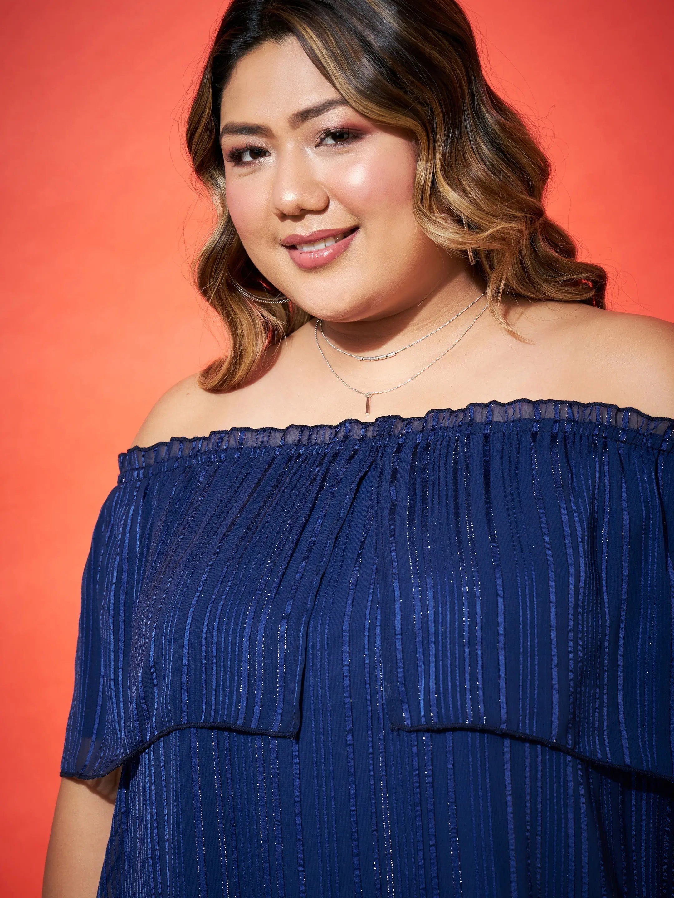 Navy Lurex Frill Bardot Top | Western Outfits for Women