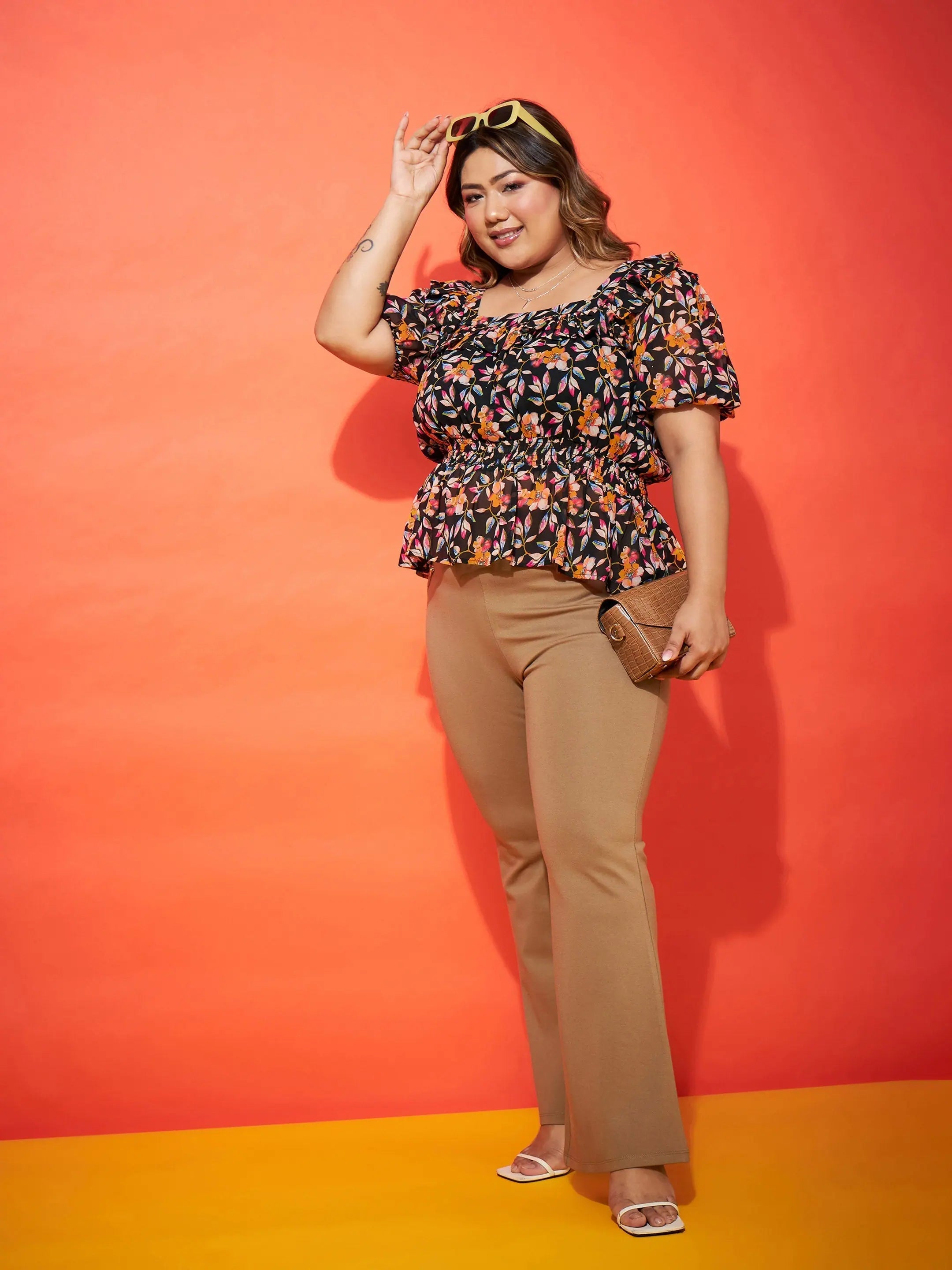 Black Floral Frill Peplum Top | Trendy Women's Shirts