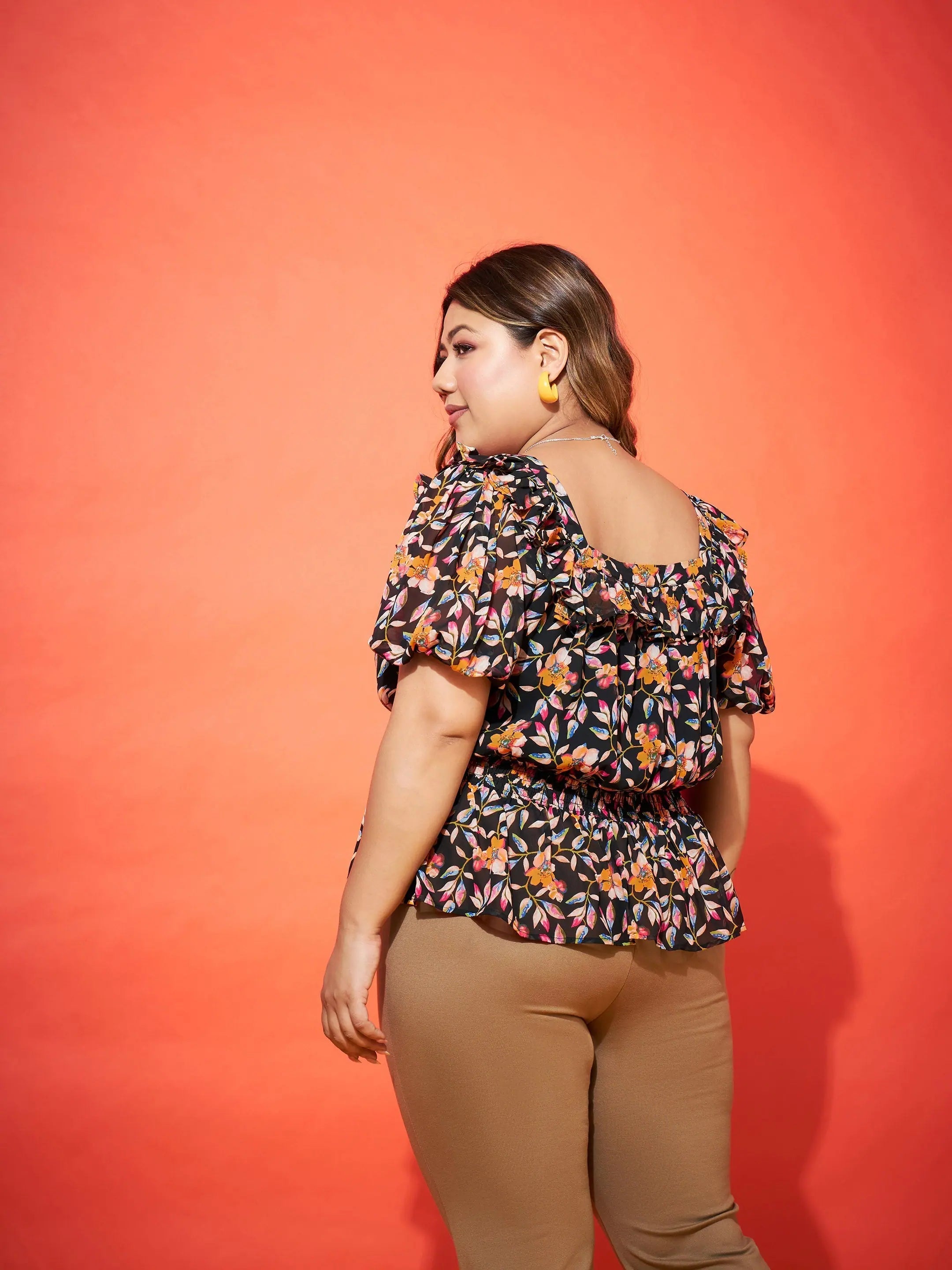 Black Floral Frill Peplum Top | Trendy Women's Shirts