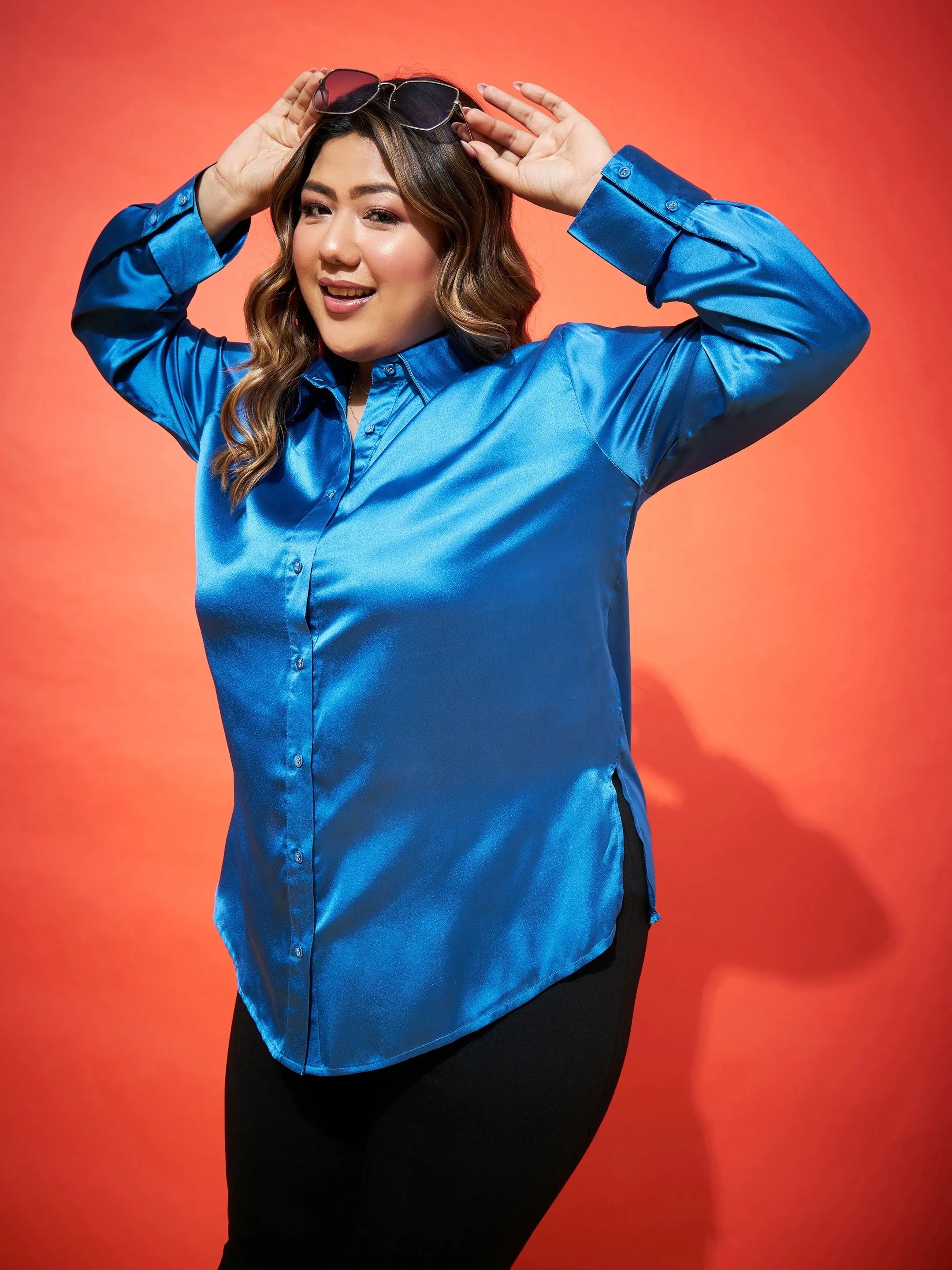 Royal Blue Satin Shirt - Women's Button Down Comfort Fit
