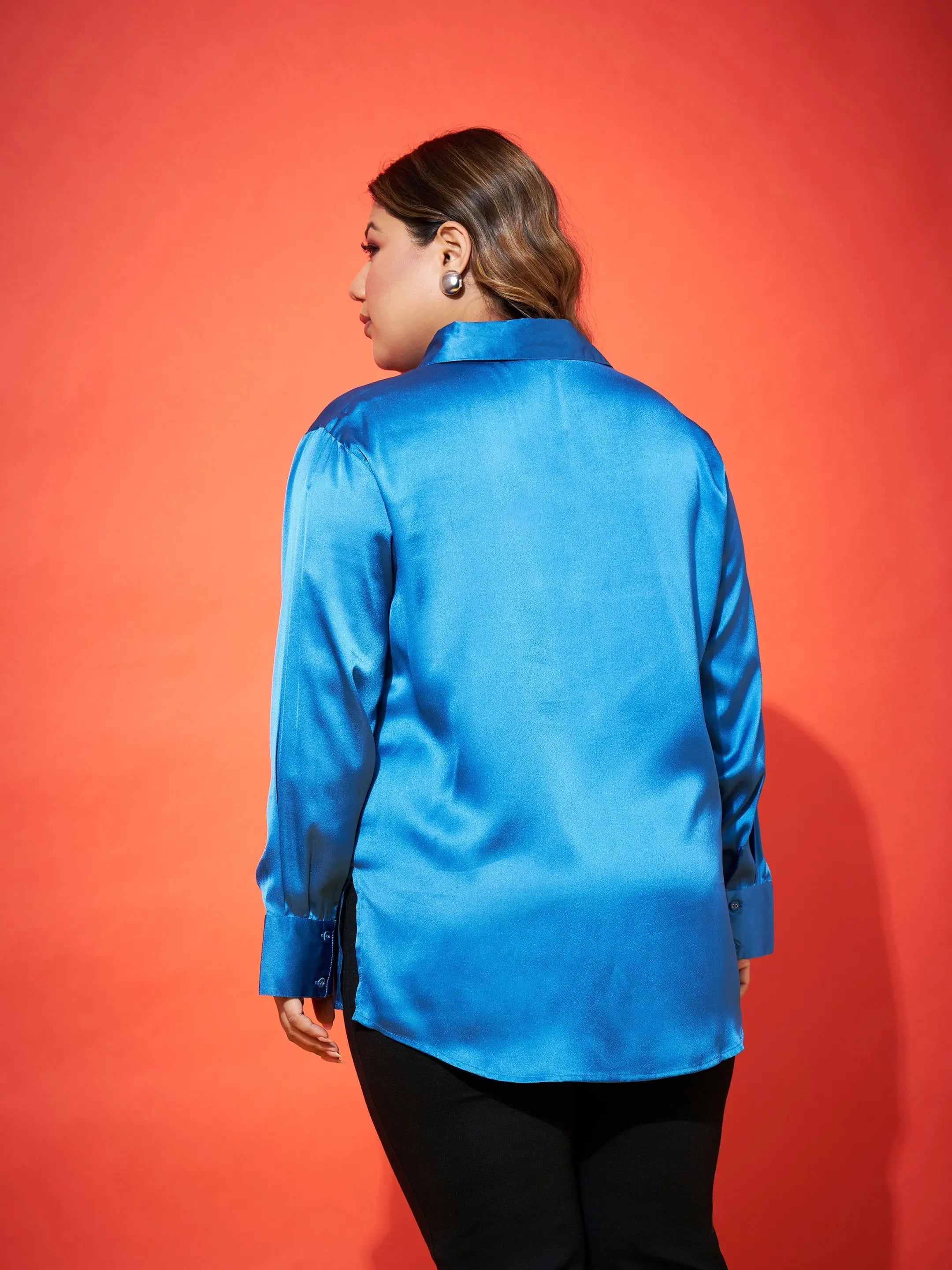Royal Blue Satin Shirt - Women's Button Down Comfort Fit