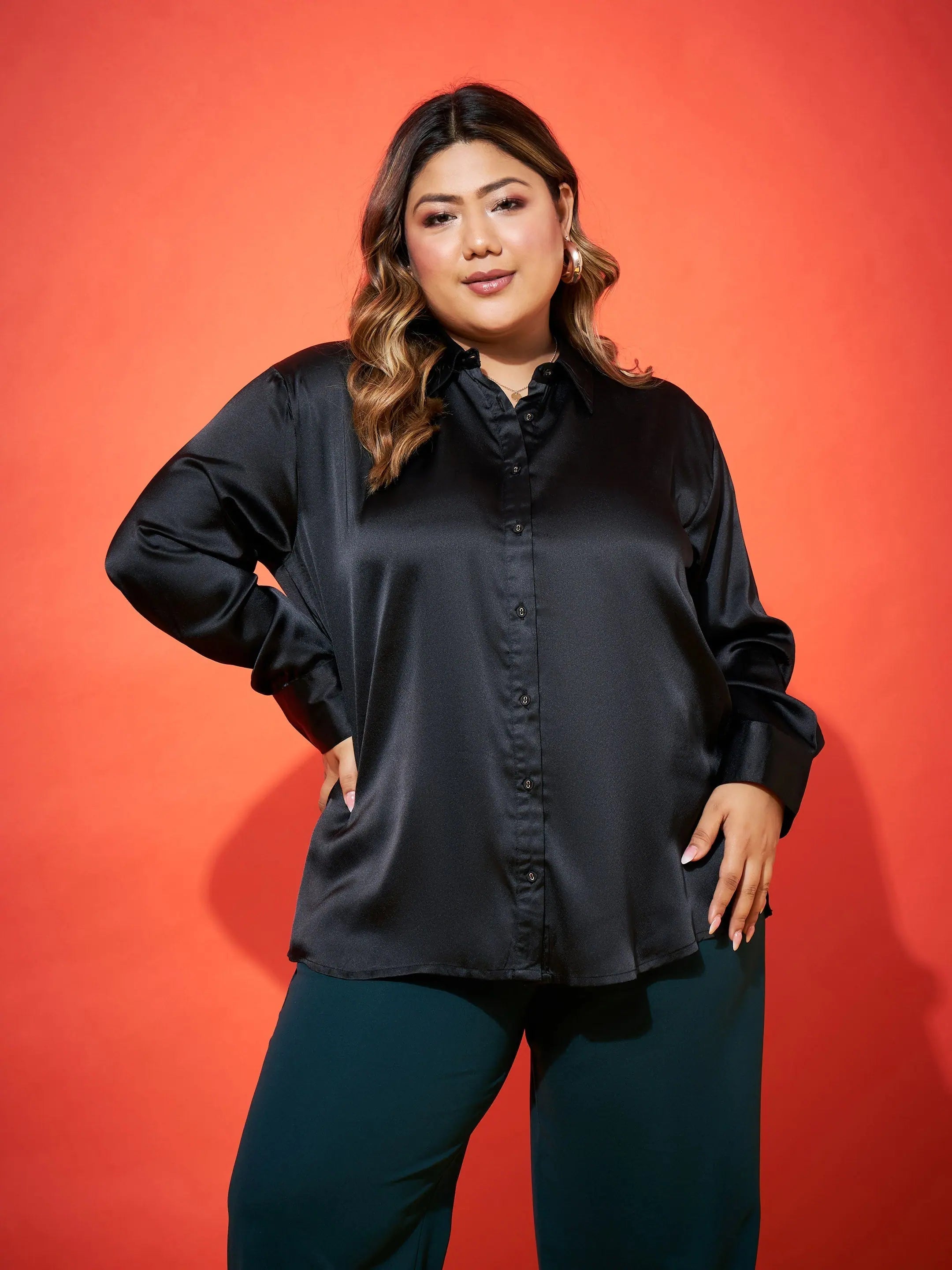 Black Satin Shirt - Women's Regular Comfort Fit Button Down